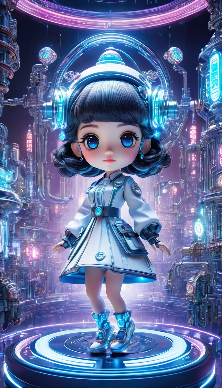 Pixar style, (Blind box toy style:1.2), (full-body shot) , 1 transparent cute mechanical nurse doll, Transparent mecha, Exquisite nurse hat:1.2, 夜Light护目镜:1.2, Colorful neon Lights, High-tech mechanical parts, Metal body, Detailed mechanical metal design, bright colors, 動態發Light, 反Light金属表面, Bright environment, dynamic poses, Exquisite existence, Skill improvement, Interlocking mechanical gears, Stylish design, motion blur effect, Metalworking details, Sci-fi atmosphere, Streamlined aerodynamic shape, 激Light扫描图案, Holographic projection, LED Light track, beautiful and unforgettable, Advanced sensors, complex algorithm, Ominous and mysterious atmosphere, electric spark, Shiny chrome plating, Propulsion systems of the future, Clean, White background, (global illumination, Light线追踪, high dynamic range, Unreal rendering,Reasonable design, high detail, masterpiece, best quality, ultra high definition, Light)，chibi，locomotive，3D style