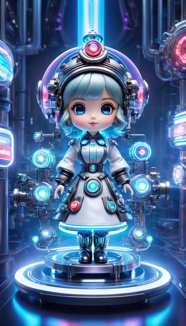 Pixar style, (Blind box toy style:1.2), (full-body shot) , 1 transparent cute mechanical nurse doll, Transparent mecha, Exquisite nurse hat:1.2, 夜Light护目镜:1.2, Colorful neon Lights, High-tech mechanical parts, Metal body, Detailed mechanical metal design, bright colors, 動態發Light, 反Light金属表面, Bright environment, dynamic poses, Exquisite existence, Skill improvement, Interlocking mechanical gears, Stylish design, motion blur effect, Metalworking details, Sci-fi atmosphere, Streamlined aerodynamic shape, 激Light扫描图案, Holographic projection, LED Light track, beautiful and unforgettable, Advanced sensors, complex algorithm, Ominous and mysterious atmosphere, electric spark, Shiny chrome plating, Propulsion systems of the future, Clean, White background, (global illumination, Light线追踪, high dynamic range, Unreal rendering,Reasonable design, high detail, masterpiece, best quality, ultra high definition, Light),chibi,locomotive,3D style