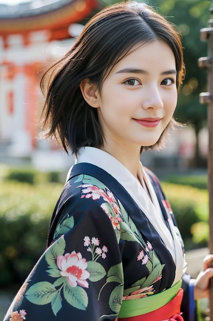 Beautiful half-faced woman,baby face、 japanese kimono,slim, highest quality, masterpiece, ultra high resolution, realistic, look at the horizon, smile、inside the shrine grounds、panoramic、Full body figure