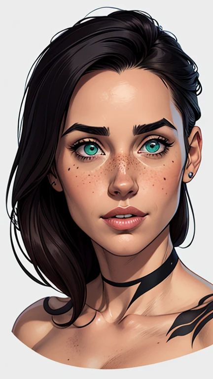 Character style illustration Cartoon style name: Isabella Cruz white background medium breasts freckled face Jennifer Connelly actress strong contours Physical description:
- Isabella tem cabelos curtos e espetados, tingidos de um marrom vibrante que contrasta com sua pele clara.
-His eyes are an intense green, reflecting a mix of curiosity and determination.
- Ela tem uma estatura baixa, with a slender and agile figure, evidenciando sua agilidade e destreza.
- His appearance is adorned with several colorful tattoos that cover his arms and neck, each telling a different story of their past adventures.
Design de personagens de retrato, beautiful digital illustration, retrato de alta qualidade, Arte em quadrinhos, Corpo inteiro sensualizando ou pelada
