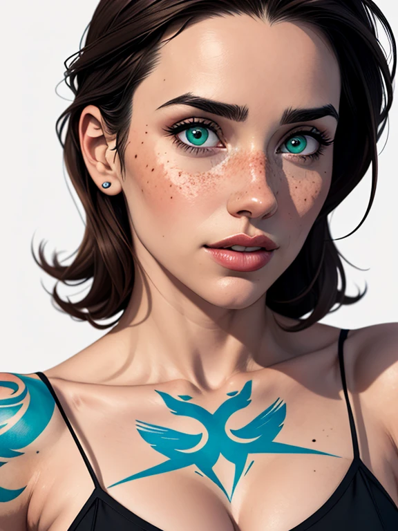 Character Style Illustration Cartoon Style Name: Isabella Cruz white background medium breasts freckled face Jennifer Connelly actress strong contours Physical description:
- Isabella tem cabelos curtos e espetados, dyed a vibrant brown that contrasts with their pale skin.
- His eyes are an intense green, reflecting a mix of curiosity and determination.
- Ela tem uma estatura baixa, with a slim and agile figure, evidenciando sua agilidade e destreza.
- His appearance is adorned with several colorful tattoos that cover his arms and neck, each telling a different story of their past adventures.
 Design de personagens de retrato, beautiful digital illustration, retrato de alta qualidade, Arte em quadrinhos, Corpo inteiro sensualizando ou pelada