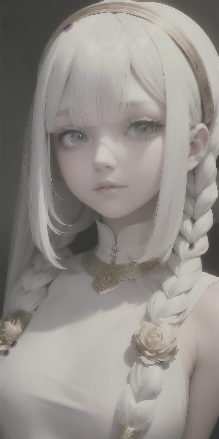 best quality, masterpiece,white hair, gold eyes,white clothes, looking up, upper body,hair strand,Fair skin,side braids