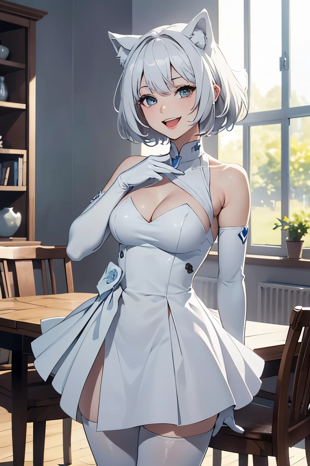 table top High level image quality best image quality 8K adult woman whole body portrait pure white long gloves(elbow gloves) Pure white pantyhose white long dress(slit) white wolf ears short hair((shortcut)(gray hair)(perm)(fluffy)) eye color is blue attractive face((laughter)(smile)(open your mouth)) sexy pose hold the skirt Are standing