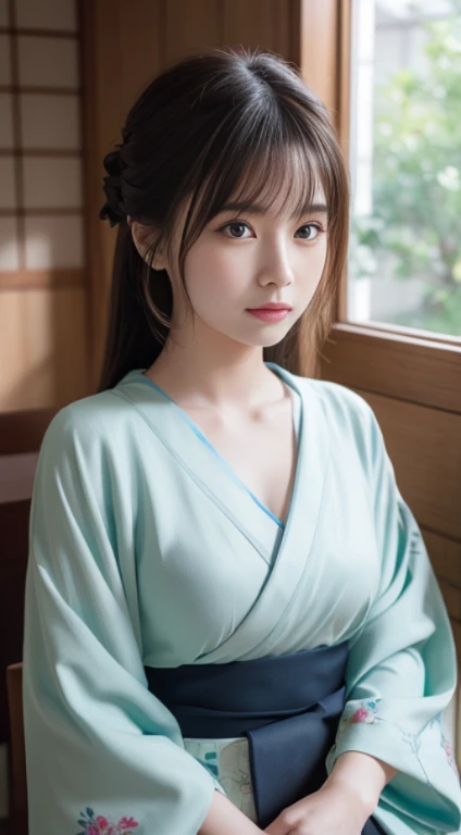 (Photoreal:1.4), (Top image quality:1.0), (超A high resolution:1.0), 8K, Raw photography, (masterpiece:0.2), (Pueros face_V1:0.5)、(最高quality Detail:1.2)、realistic、8k uh、High resolution、(1 girl:1.2)、超detailedな、High quality textures、intricate details、exposed thighs、big and full breasts、chest enhancement、detailed、Very detailed CG、High quality shadows、detailed 美しく繊細な顔、Beautiful details and delicate eyes、Depth of the bounds written、ray tracing,1 girl, japanese girl, cute, thin, black kimono, Japanese pattern kimono,floral scrunchie, beautiful skin, facing the front,please sit down, sit straight「thank you」say,Make your hands look elegant,A faint smile on Japan's land,Japanese garden,luxurious Japanese room, sky porn, magic hour, (realistic:1.3), finely, quality, (table top:1.2), (realistic:1.2), (最高quality), (複雑なdetailed), dramatic, ray tracing, photograph, +roller