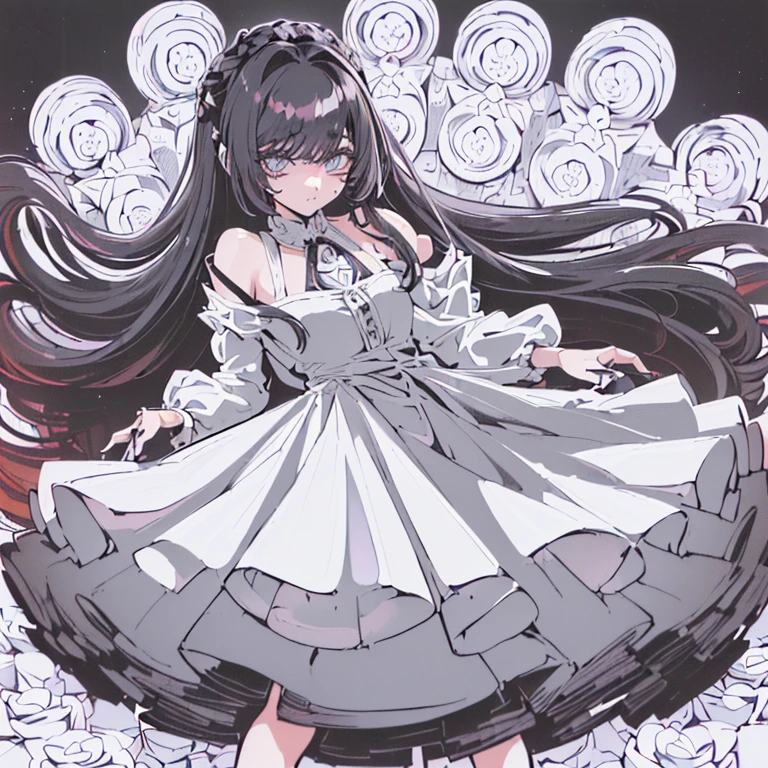 Garota, cabelo (((random hairstyle))), cabelo(((( black coffee (((longo))),(((vestido curto florido))),(((olhos grandes e castanhos))),(((peito grande)))), estilo (((manga preto e branco 