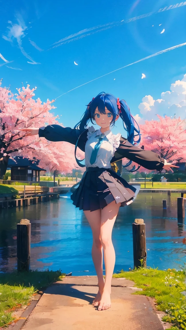 1 anime girl, alone,Black petals flutter, A mysteriously shining butterfly.city,Hatsune Miku,bright blue hair,bright blue jewel eyes,twin tails,thin legs,very clear,highest quality,close up of face,Many cherry blossoms dance in the sky,beautiful blue sky,School,Schoolの建物,standing in the middle,scenic center,open your arms,smile,waterside,barefoot,Have fun