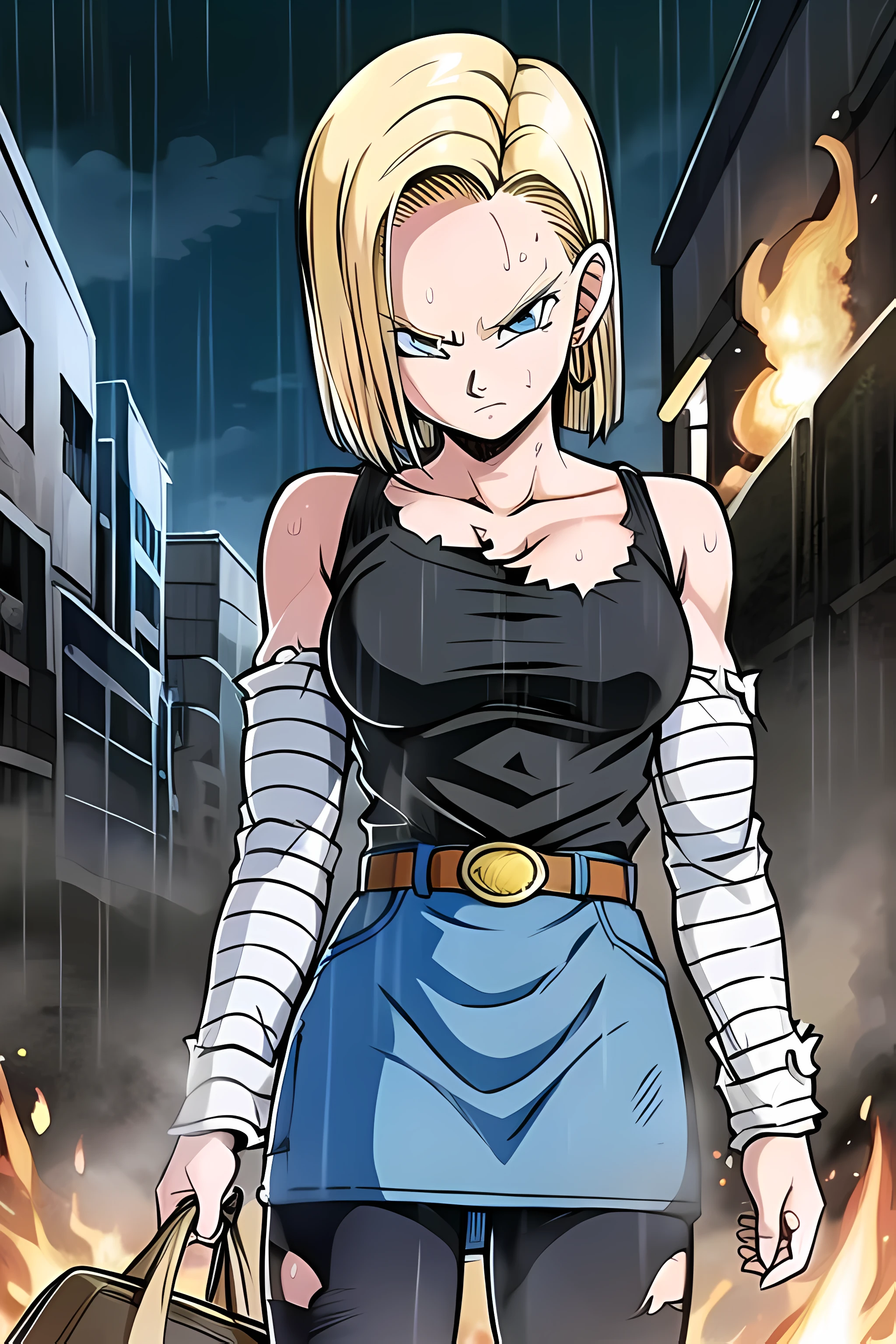 masterpiece, detailed face, 
android 18,  classic look, 1girl, solo, looking at viewer, short hair, blue eyes, blonde hair, collarbone, 
standing, arms by side, angry, cowboy shot, 
fire, smoke, ruined city, wet hair, rain, 
((torn shirt)), (bare shoulders), hoop earrings, black shirt, striped sleeves, belt, denim skirt, black pantyhose,
 thighs, midriff, 