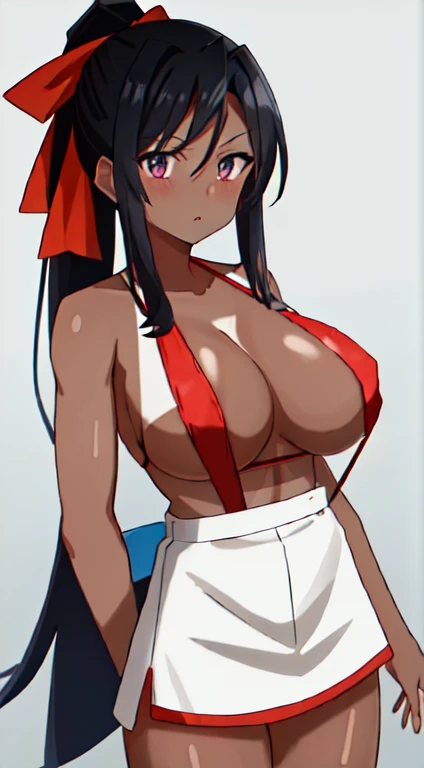 masterpiece, best quality, anime screeshot, a close photo, 1 girl, solo, standing, long hair, black hair, violet eyes,ponytail, Red hair ribbon, red bikini, sling bikini, big breasts, medium breasts, looking_at_viewer, expressionless, upper_body, dark skin, ((sideboob))), ((dark skin: 1.5)), , ((parted bangs: 1.4)), ((massive forehead: 1.2)), black hair, ((muscular: 1.3)), athletic