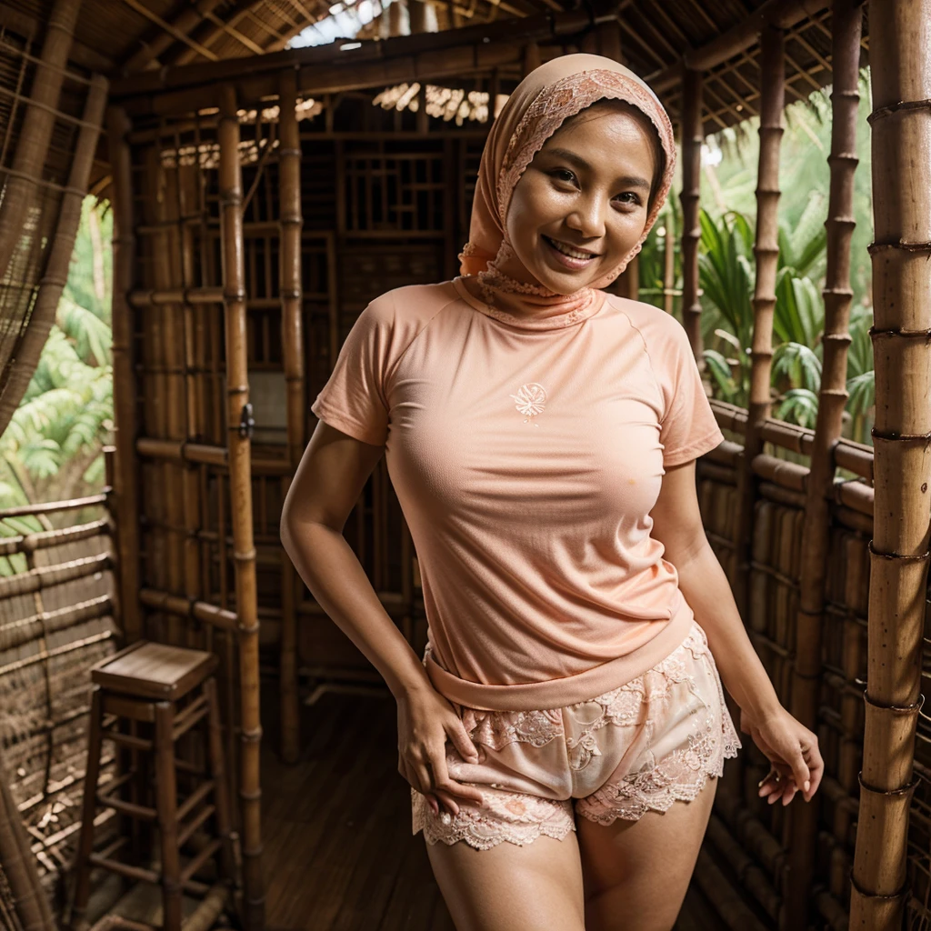 A 52 years old Indonesian woman in peach color hijab, wearing peach color lace tight t-shirt, wearing peach color lace shorts, smiling and standing in the old bamboo cabin in a forest, look to the viewer with eye close, darker skin, curvier body, short body