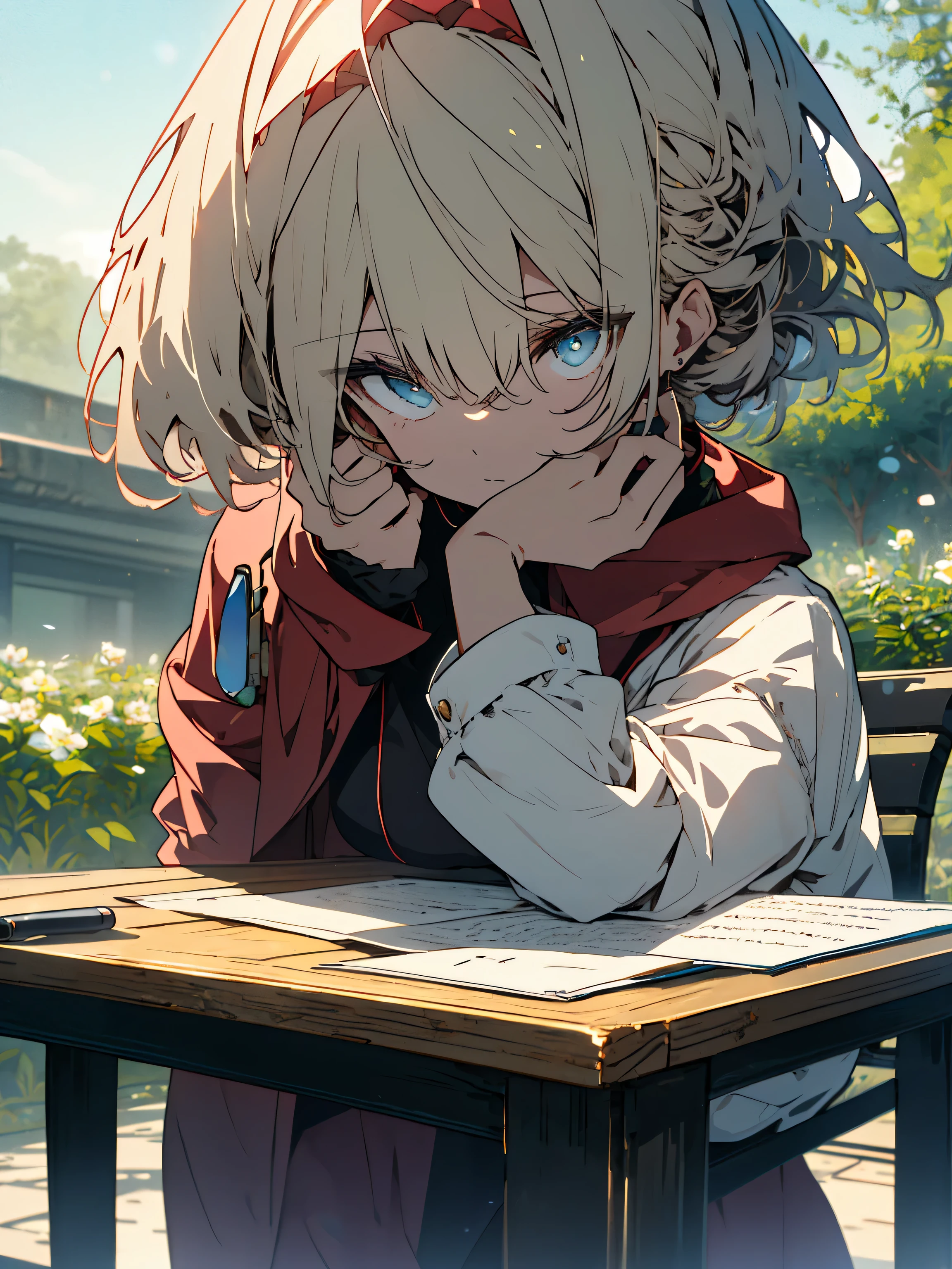 (masterpiece: 1.2, highest quality), (Shining eyes、detailed beautiful face)、(Picture, intricate details, Depth of the bounds written), highest quality, masterpiece, very detailed, anime style, 1 girl, mature woman, 21 years old, blonde short hair, left eye is covered with hair, blue eyes, king's clothes, red cloak, slim body shape, precious gold crown, Read and mark documents, goose hair pen, Office Table, soft bench、(spring landscape)、(beautiful anime)、(highest quality、masterpiece、High resolution、detailed)