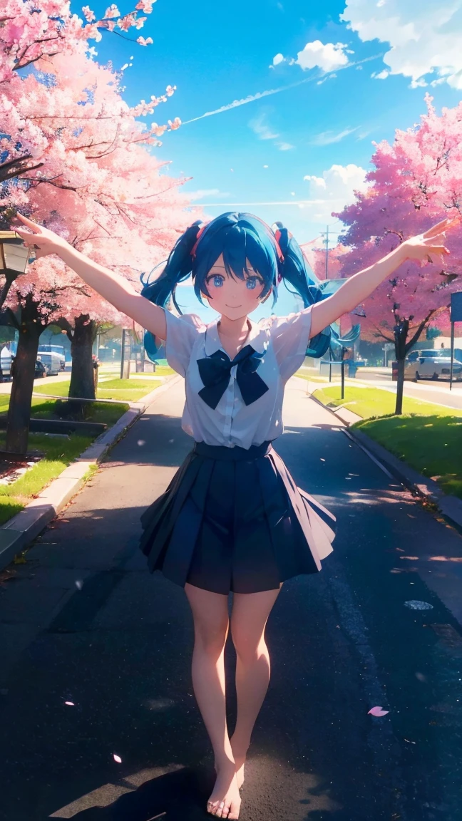 1 anime girl, alone,Black petals flutter, A mysteriously shining butterfly.city,Hatsune Miku,bright blue hair,bright blue jewel eyes,twin tails,thin legs,very clear,highest quality,close up of face,Many cherry blossoms dance in the sky,beautiful blue sky,School,Schoolの建物,standing in the middle,scenic center,open your arms,smile,waterside,barefoot,Have fun