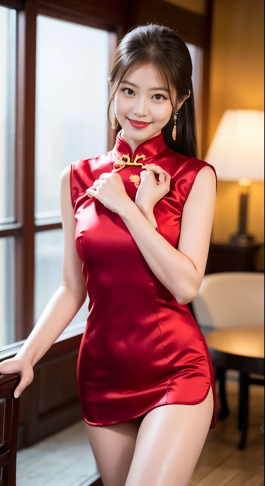 (highest quality、8K、masterpiece、nffsw:1.2)、19-year-old slender beauty,Flashy makeup with red eyeshadow,mouth wide open、Yo-ho、beautiful thighs、beautiful breasts、double eyelid,delicate mid-cut ponytail,squatting down、spread legs, show white panties,Her white panties are clearly visible、sexy cheongsam and silk miniskirt,best smile,She is wearing a sexy short colorful cheongsam。。,Chinese dress with deep slit,draw hands correctly,(highest quality、8K、masterpiece、nffsw:1.2)、19-year-old slender beauty,Flashy makeup with red eyeshadow,double eyelid,delicate mid-cut ponytail,squatting down、spread legs, show white panties,sexy cheongsam and silk miniskirt,best smile,She is wearing a sexy short colorful cheongsam。。,Chinese dress with deep slit,draw hands correctly,The background is the bright interior of a Chinese restaurant...,