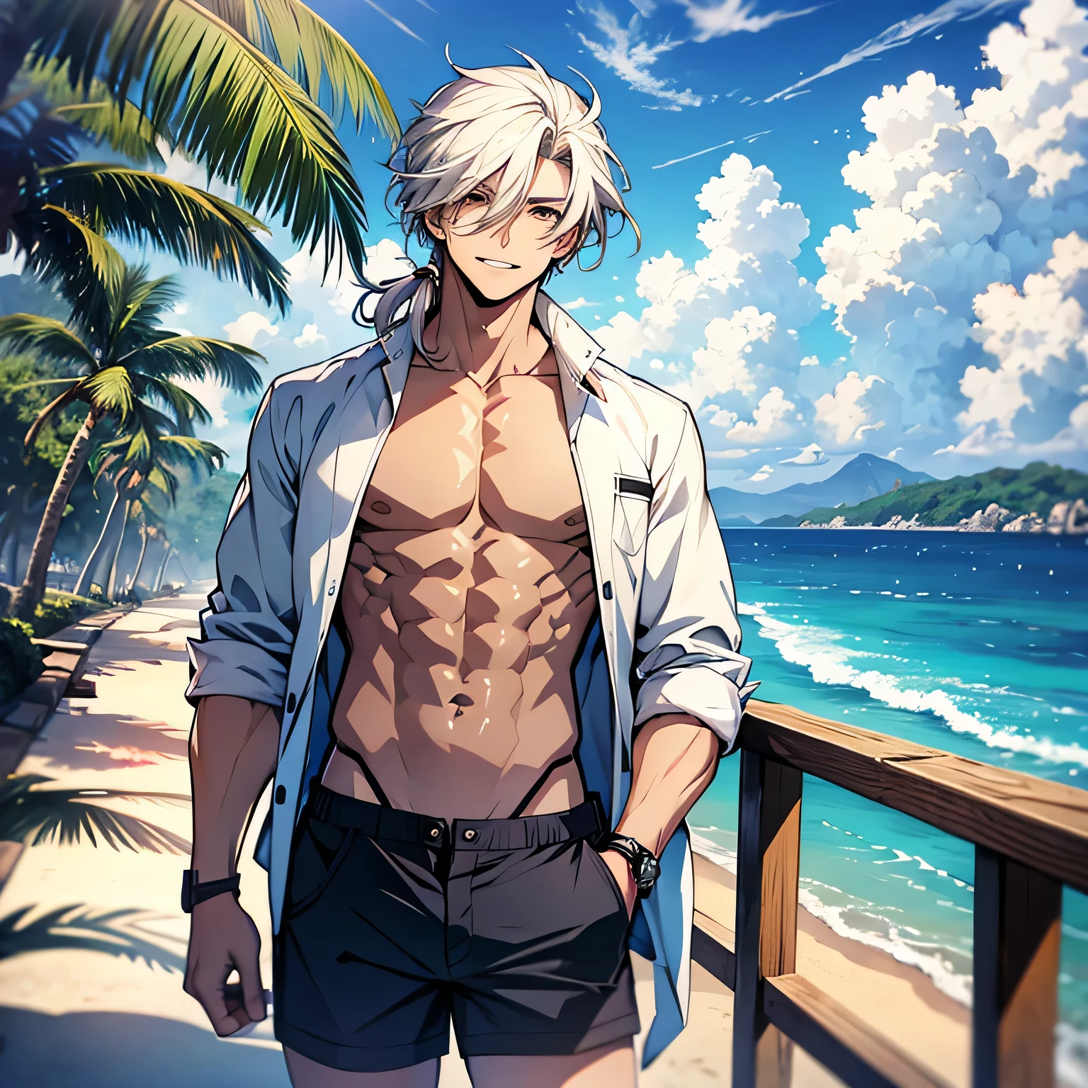 Beach, shorts, male, looking out at sea, pensive, sexy, man, 1boy, male focus, white hair, shoulder length hair, anime, anime like, grin, open shirt, Hawaiian shirt