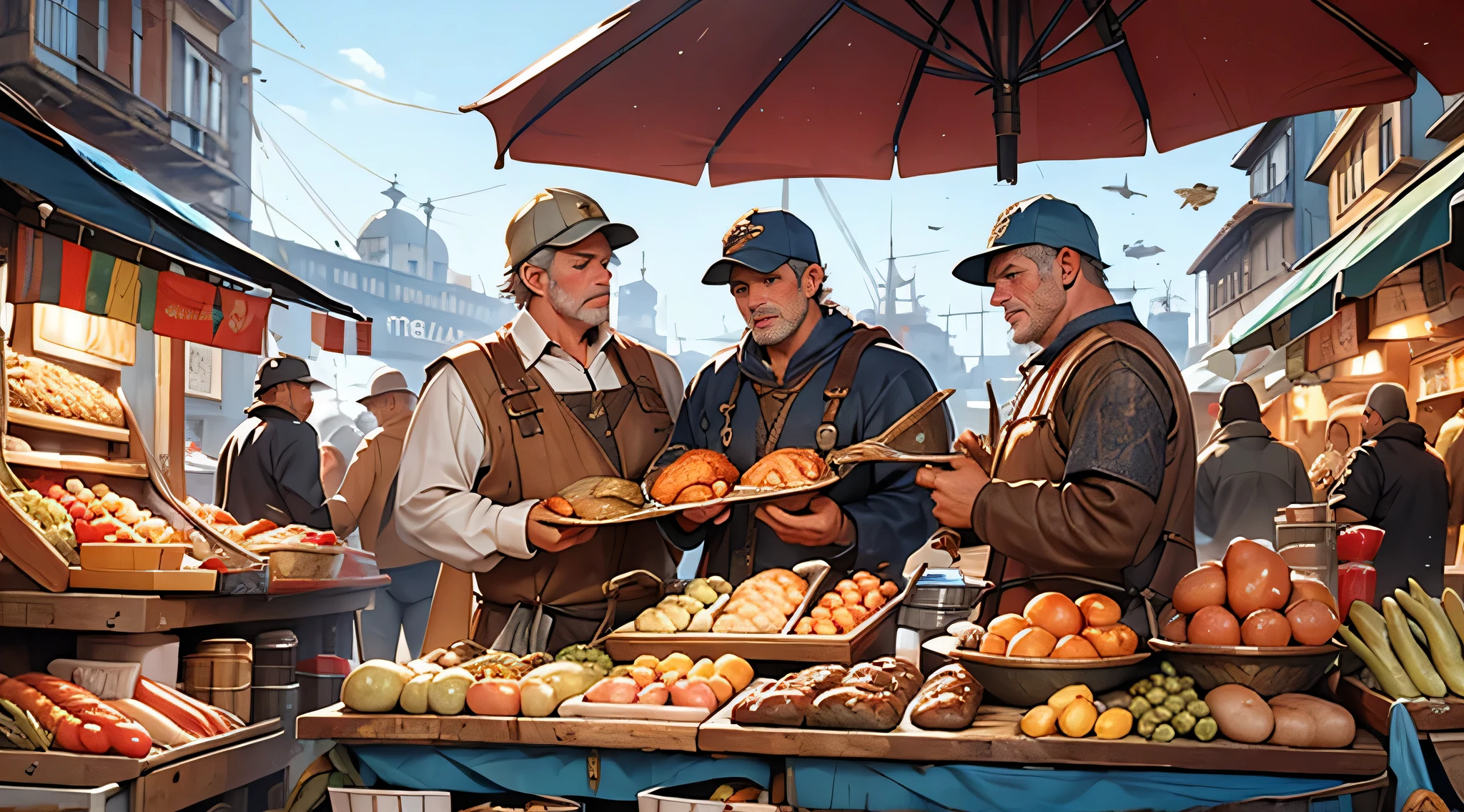 the market atmosphere at the port, fish traders and fishermen mingling with each other, the atmosphere during the day, the bustling atmosphere of the port market full of fish for sale. medieval fantasy theme