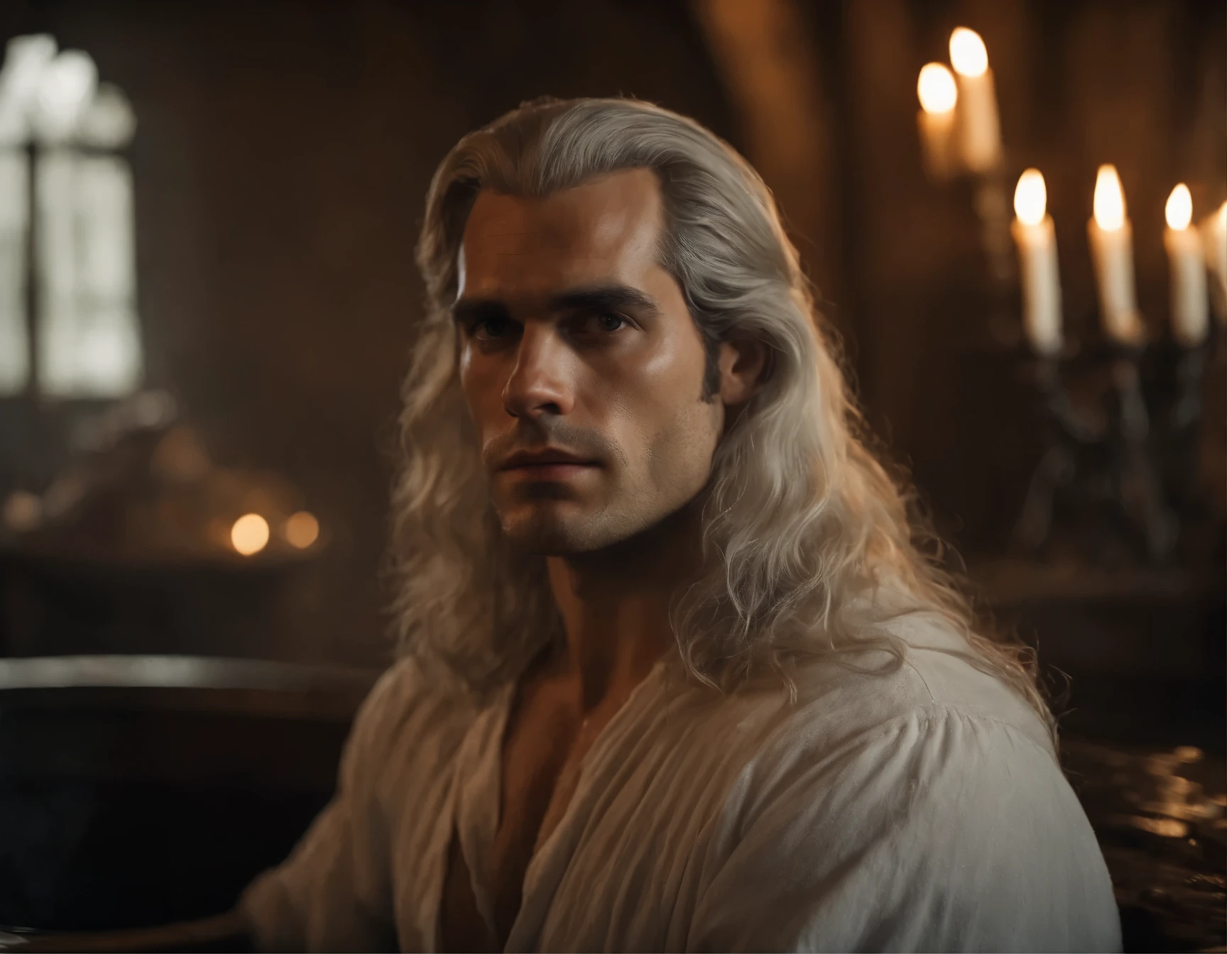 A photorealistic portrait of a shirtless Henry Cavill with long white hair, in a scne of The Witcher, bathing in an old and rustic bathtub, a renaissance movie still in the style of Zack Snyder, tumblr contest winner, hurufiyya, renaissance painting, masculine, movie still, candles in the background, candlelight, cinematic lighting. photograph, detailed symmetric realistic face, extremely detailed natural texture, peach fuzz, long hair, masterpiece, absurdres, nikon d850 film stock photograph, kodak portra 400 camera f1.6 lens, extremely detailed, amazing, fine detail, hyper realistic lifelike texture, dramatic lighting, unrealengine, trending on artstation, cinestill 800 tungsten, looking at the viewer, photo realistic, RAW photo, TanvirTamim, high quality, highres, sharp focus, extremely detailed, cinematic lighting, 8k uhd,-imagine-