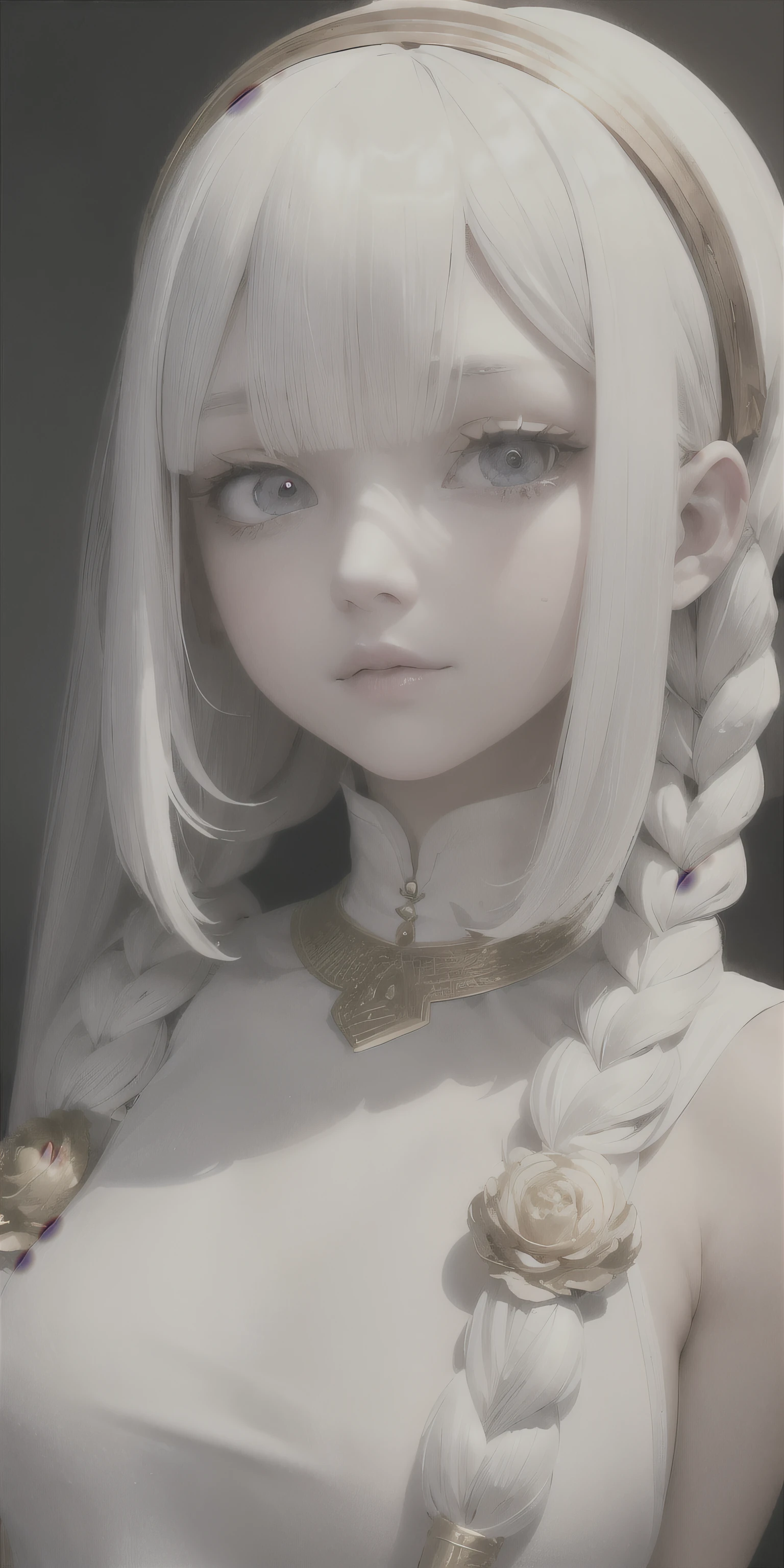 best quality, masterpiece,white hair, gold eyes,white clothes, looking up, upper body,hair strand,Fair skin,side braids