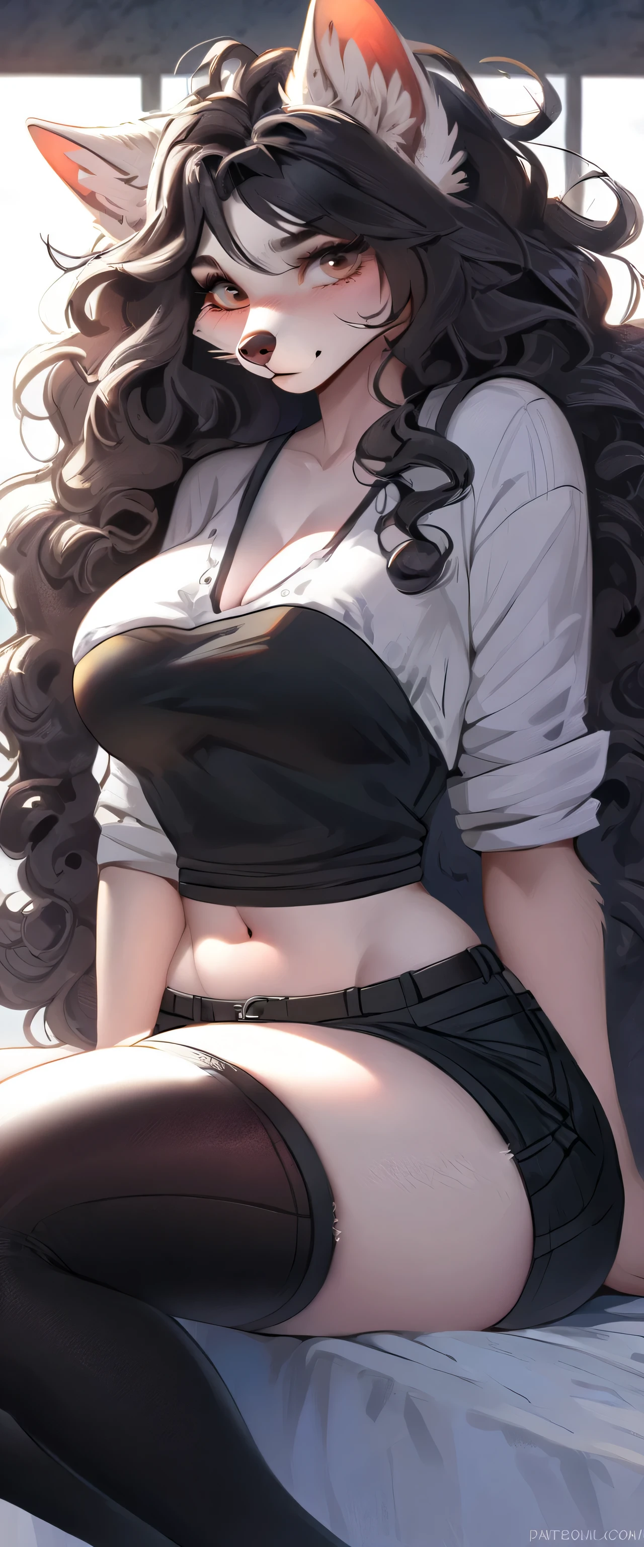 (High-Quality), (Work of Art) Wolf Girl, (Wolf-Fury-Girl) Big fluffy tail, white fur, (Best Quality), beautiful body, average body, big breasts, average ass, perfect body, eyes light blue, sitting on the bed, bedroom, slightly dark room, small white blouse, small gray tight-fitting legging shorts, sleepy face, beautiful room with gray, white and black colors.