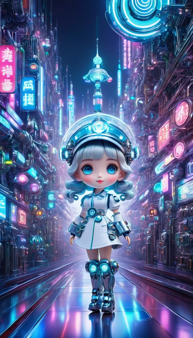 Pixar style, (Blind box toy style:1.2), (full-body shot) , 1 transparent cute mechanical nurse doll, Transparent mecha, Exquisite nurse hat:1.2, 夜Light护目镜:1.2, Colorful neon Lights, High-tech mechanical parts, Metal body, Detailed mechanical metal design, bright colors, 動態發Light, 反Light金属表面, Bright environment, dynamic poses, Exquisite existence, Skill improvement, Interlocking mechanical gears, Stylish design, motion blur effect, Metalworking details, Sci-fi atmosphere, Streamlined aerodynamic shape, 激Light扫描图案, Holographic projection, LED Light track, beautiful and unforgettable, Advanced sensors, complex algorithm, Ominous and mysterious atmosphere, electric spark, Shiny chrome plating, Propulsion systems of the future, Clean, White background, (global illumination, Light线追踪, high dynamic range, Unreal rendering,Reasonable design, high detail, masterpiece, best quality, ultra high definition, Light)，chibi，locomotive，3D style