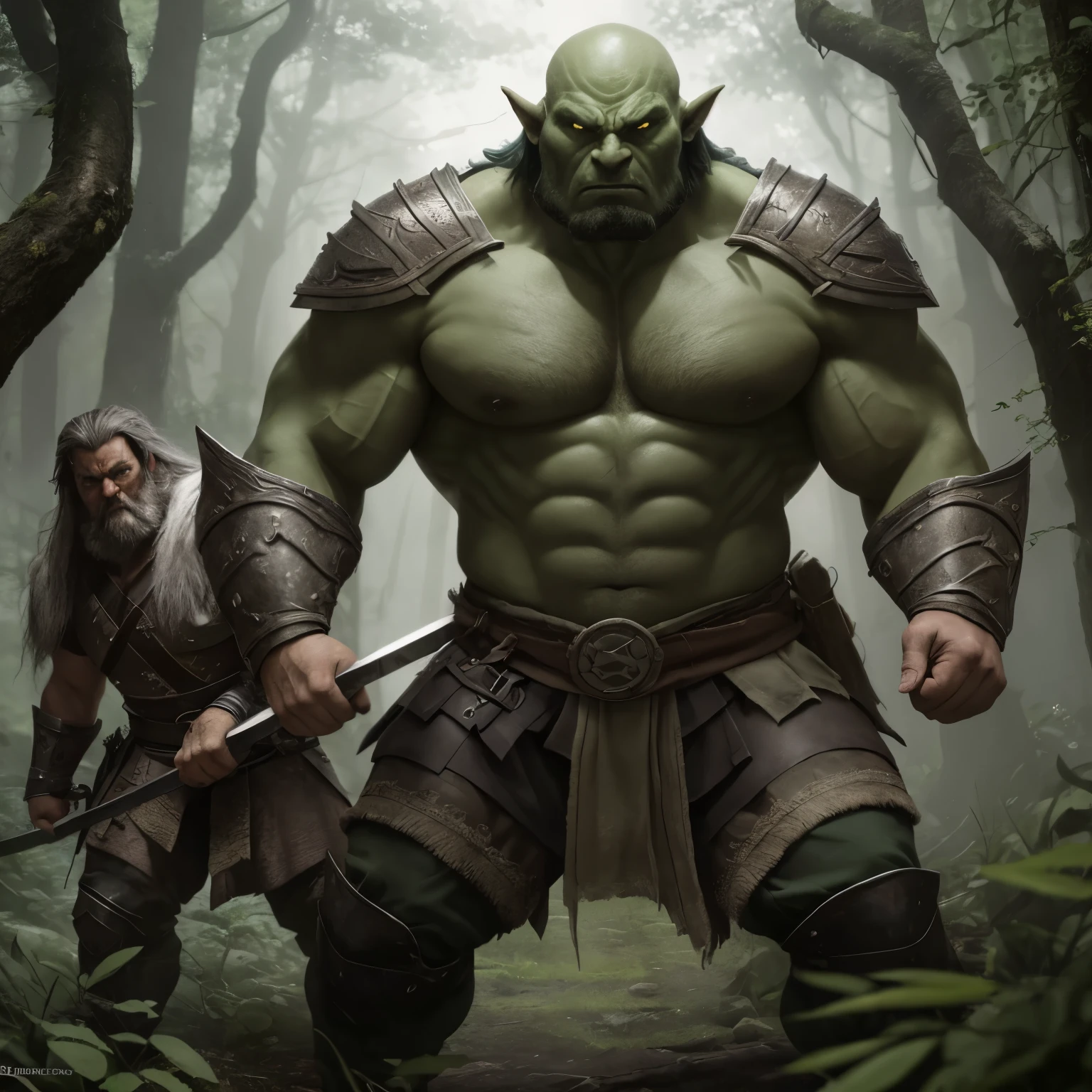 Deep in a dark and leafy forest, an imposing green-skinned orc faces off against a brave, long-bearded dwarf. The orc, with his fierce gaze and imposing muscles, holds a shining sword in each hand, ready for battle. His eyes gleam with determination as he readies himself for a fierce attack.

The dwarf, clad in sturdy armor and wielding his axe high, exudes courage and resolve. With a defiant gesture, he takes a defensive stance, prepared to face the orc in a duel of strength and skill. His determined expression mirrors his unwavering determination to stand firm against his greatest adversary.

The scene crackles with energy and tension as the two warriors prepare to clash weapons in an epic confrontation. The air reverber