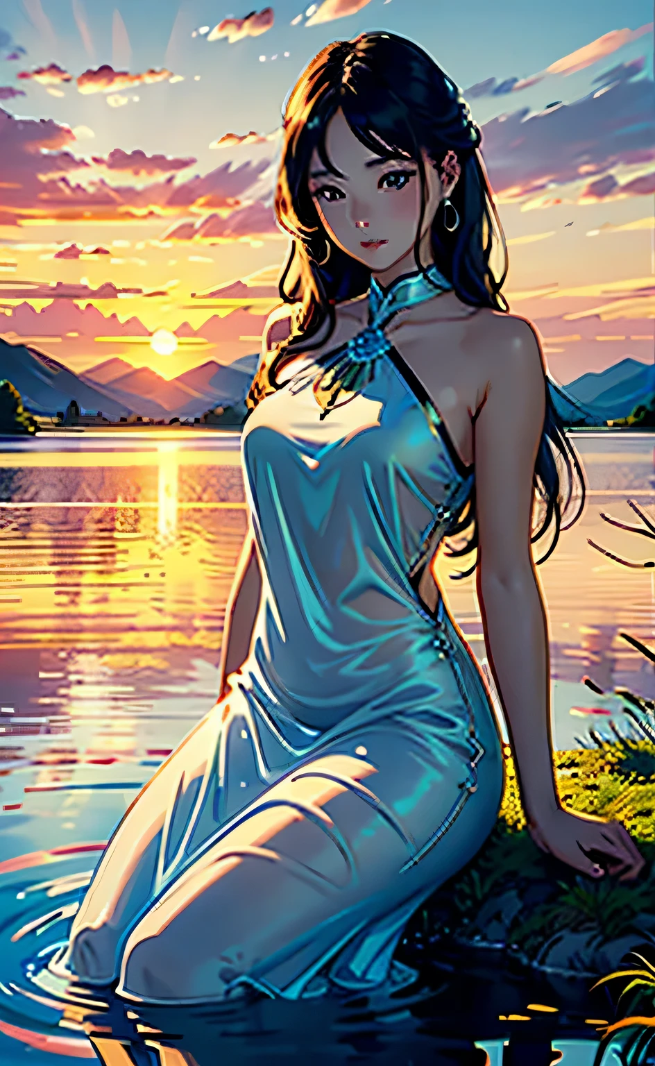 Painting of a woman sitting on a rock in the water - SeaArt AI