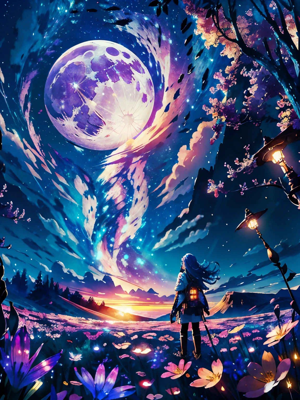 expansive landscape photograph , (a view from below that shows sky above and open field below), a girl standing on flower field looking up, (full moon:1.2), ( shooting stars:0.9), (nebula:1.3), distant mountain, tree BREAK
production art, (warm light source:1.2), (Firefly:1.2), lamp, lot of purple and orange, intricate details, volumetric lighting BREAK
(masterpiece:1.2), (best quality), 4k, ultra-detailed, (dynamic composition:1.4), highly detailed, colorful details,( iridescent colors:1.2), (glowing lighting, atmospheric lighting), dreamy, magical, (