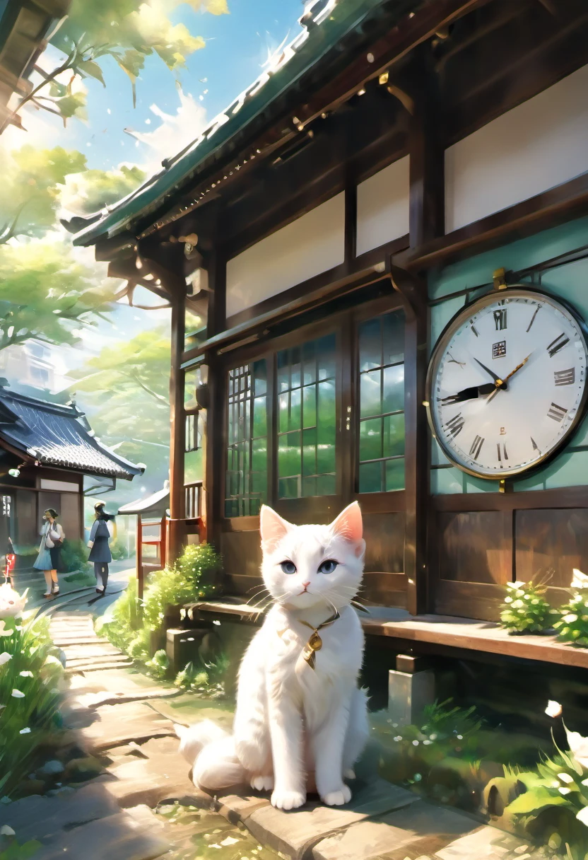 (8K、Raw photo、highest quality、look up:1.2、masterpiece:1.2、genuineistic、ultra high resolution、high contrast、photon mapping、genuine、Super detailed、official art, Raw photo、professional lighting、 light、Vivid atmosphere、twicelight) This scene is、It depicts an old wooden train station in the countryside exposed to the morning sun in spring.。The station building seems to have been forgotten, giving a sense of nostalgia.、There is silence and calm。 On the station platform、There is a girl and a white kitten。The white kitten sits under the door with the clock、Watching over the station premises。This scene is、Reminiscent of a rural Japanese town、The atmosphere is tranquil, as if it were located near a Japanese shrine.。 The girl's expression is young.々work、Delicate、I am embarking on a new journey amidst a station building and scenery that remind me of nostalgic memories.。A white kitten watches over the premises like a stationmaster.、It seems like they are celebrating the girl's departure to a new stage.。 This scene is、The beautiful scenery and tranquil atmosphere of the Japanese countryside are combined.、It will give the viewer a sense of comfort and warmth.