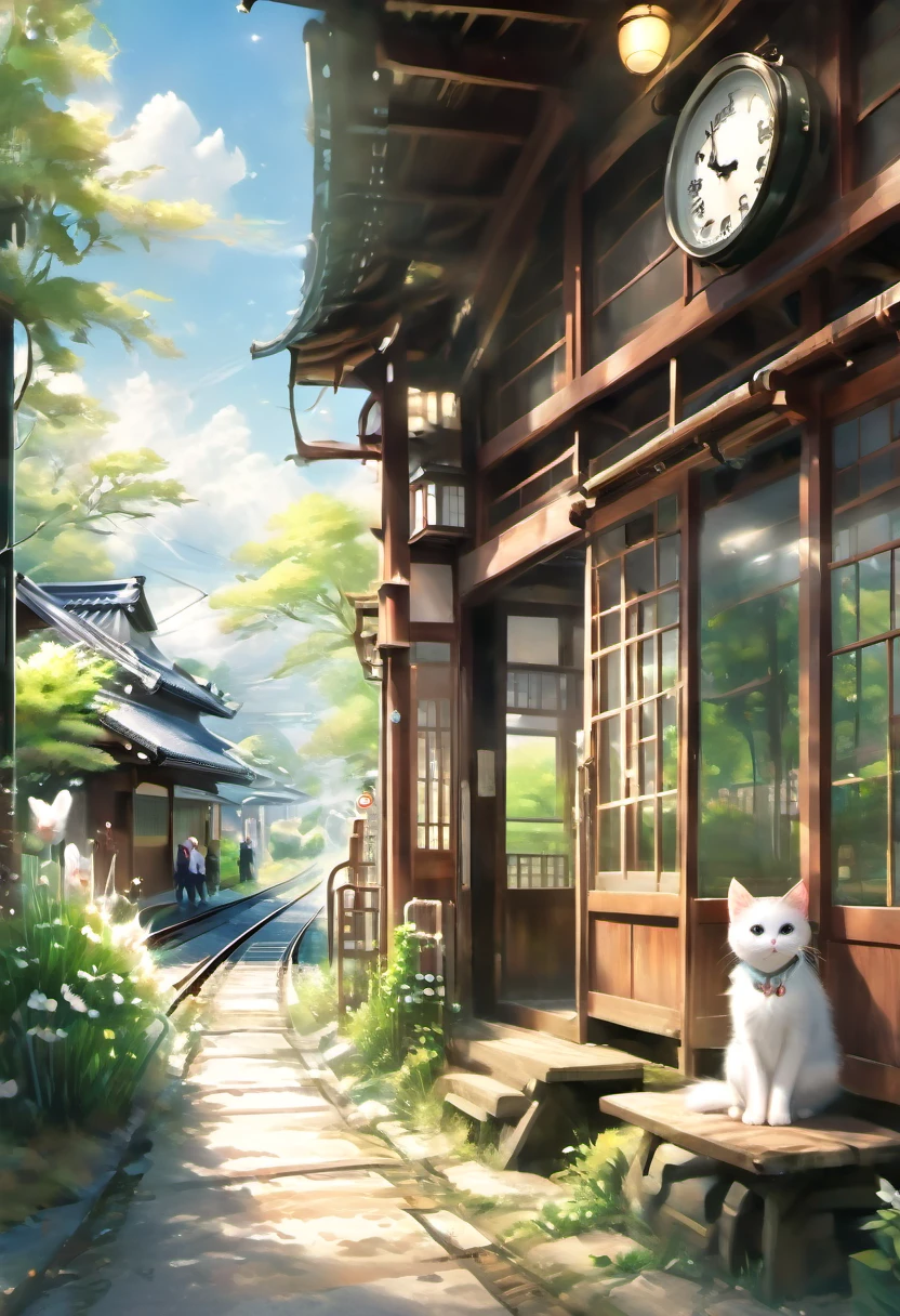 (8K、Raw photo、highest quality、look up:1.2、masterpiece:1.2、genuineistic、ultra high resolution、high contrast、photon mapping、genuine、Super detailed、official art, Raw photo、professional lighting、 light、Vivid atmosphere、twicelight) This scene is、It depicts an old wooden train station in the countryside exposed to the morning sun in spring.。The station building seems to have been forgotten, giving a sense of nostalgia.、There is silence and calm。 On the station platform、There is a girl and a white kitten。The white kitten sits under the door with the clock、Watching over the station premises。This scene is、Reminiscent of a rural Japanese town、The atmosphere is tranquil, as if it were located near a Japanese shrine.。 The girl&#39;s expression is young.々work、Delicate、I am embarking on a new journey amidst a station building and scenery that remind me of nostalgic memories.。A white kitten watches over the premises like a stationmaster.、It seems like they are celebrating the girl&#39;s departure to a new stage.。 This scene is、The beautiful scenery and tranquil atmosphere of the Japanese countryside are combined.、It will give the viewer a sense of comfort and warmth.