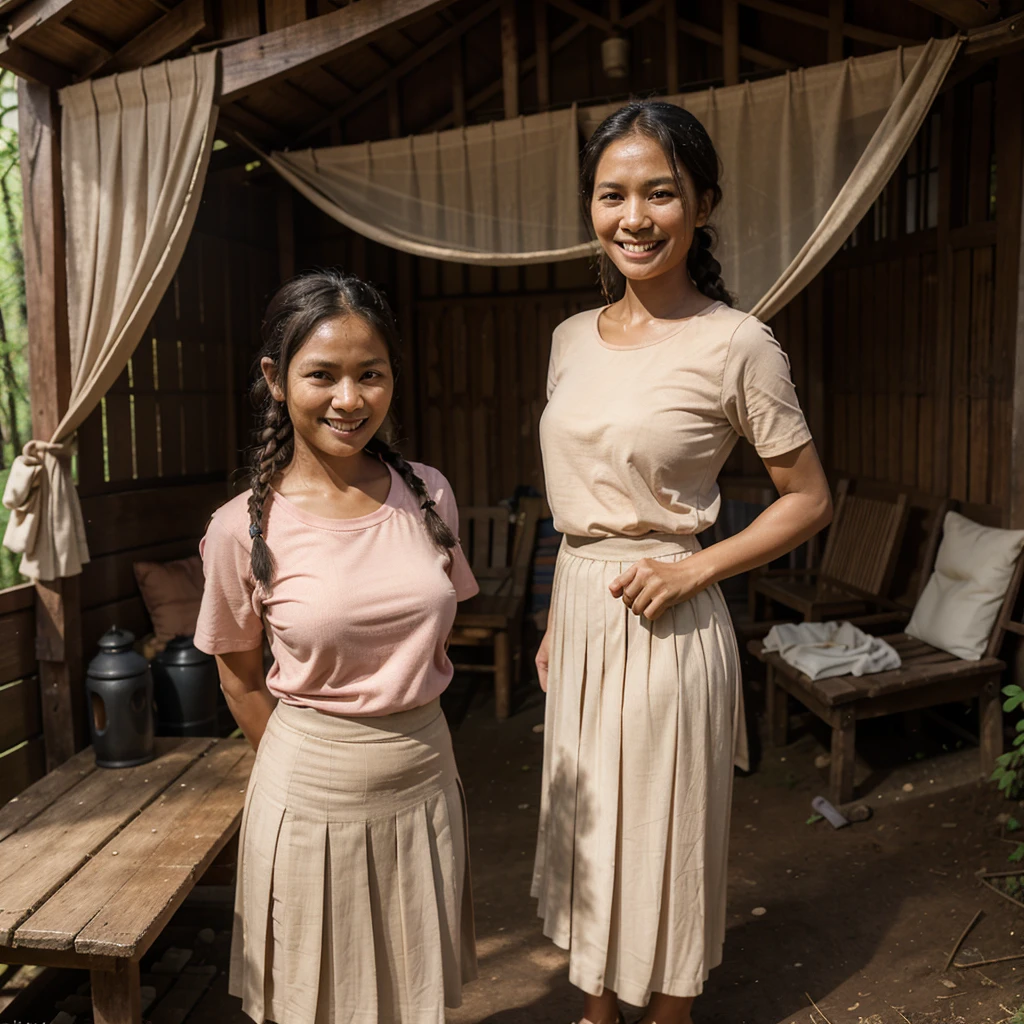 Realistic photo depicting 1 Indonesian woman, villager, poor woman, 52 years old, wearing peach color t-shirt, wearing peach color pleated long skirt, smiling, short body, curvier body, darker skin, braided hair, standing and smiling in the old wooden cabin in a dark forest, facing the camera, full body, making it very realistic and detail