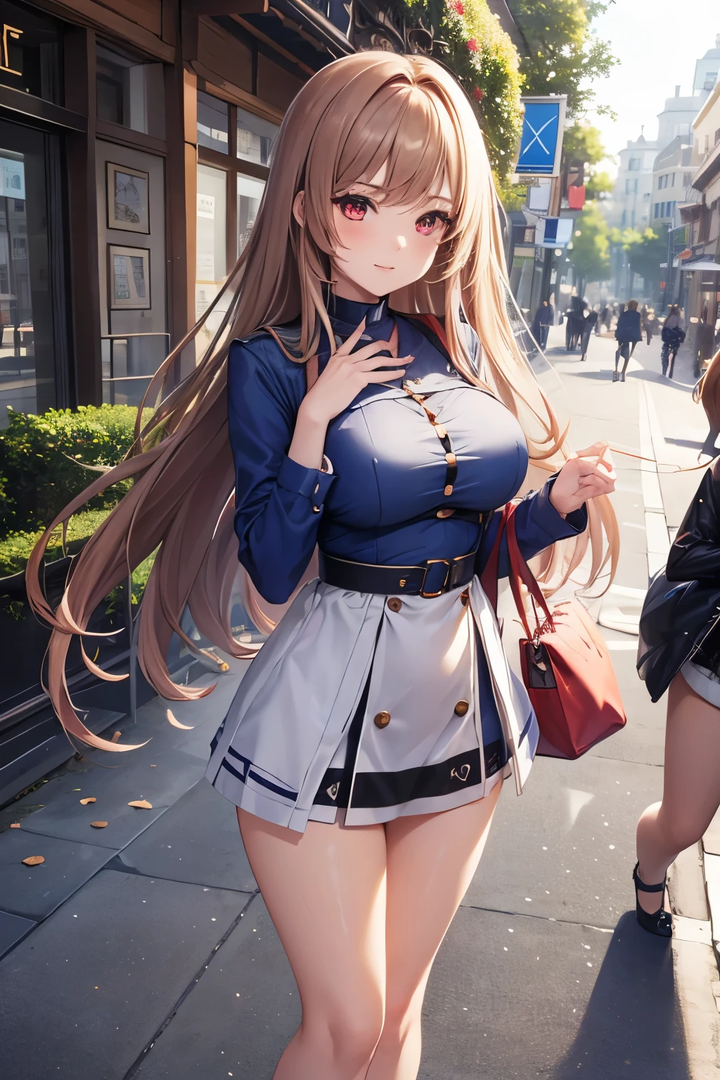 Game , goddess of victory nikke, Rapi , light brown hair,  alluring eyes ,beautiful face , crystal red eyes ,  long hair , long sleeves knit dress, blue color, v neck ,selfie wind, only 1pcs hand bag,g cup breast, slender waist, bewitching thighs, five fingers each hand, two hand ,two leg , in town, date, standing, beautiful, high heels, daylight, recreation park,