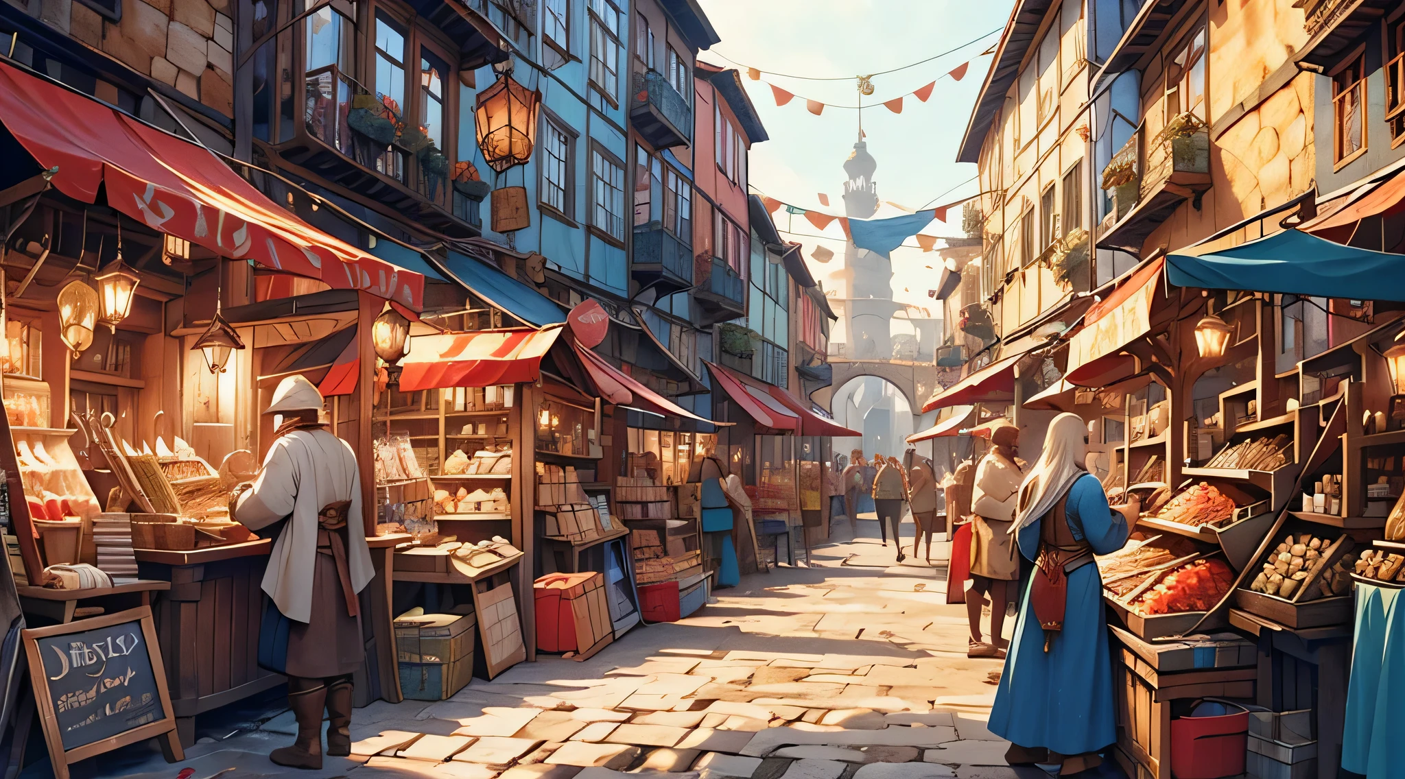 A bustling port market scene in a medieval fantasy setting, featuring fish traders and fishermen interacting under the vibrant daylight. Detailed cobblestone streets, wooden market stalls overflowing with freshly caught fish, mythical creatures subtly blending in the background, immersive world-building with a touch of whimsy. Atmosphere exudes hustle and bustle, mystery, and a hint of magic.