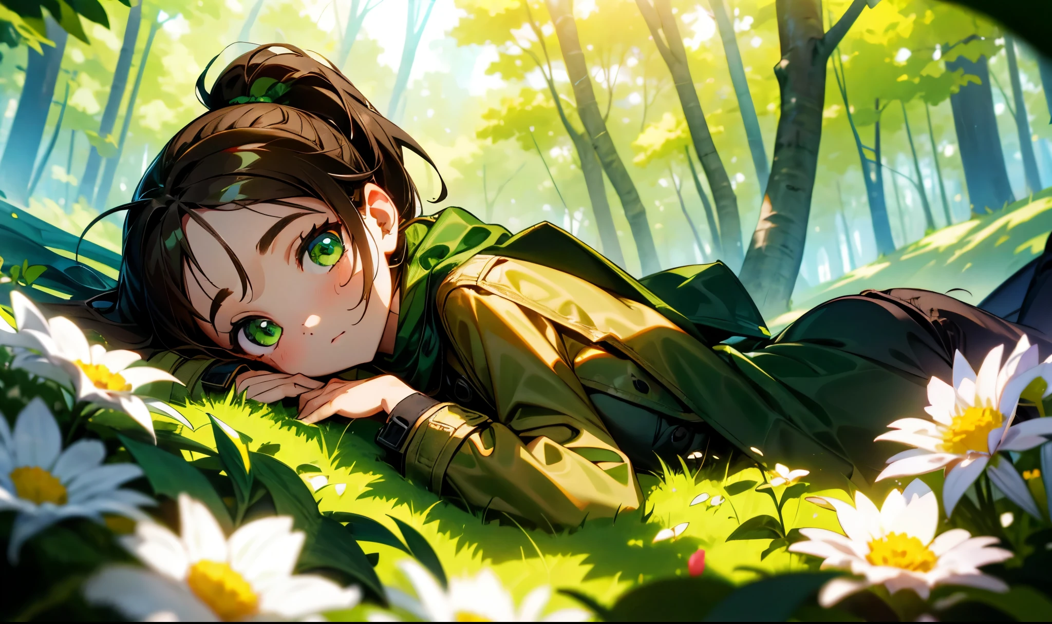 a girl,(brown ponytail),green eyes,Dark green trench coat,flowers,background forest,(scarf),Bright little flowers ,Lovely,Sunlight,(high saturation),lying down,Half body,Beautiful light and shadow,(((very very beautiful eyes))),Big head,impactful feeling,Fisheye lens