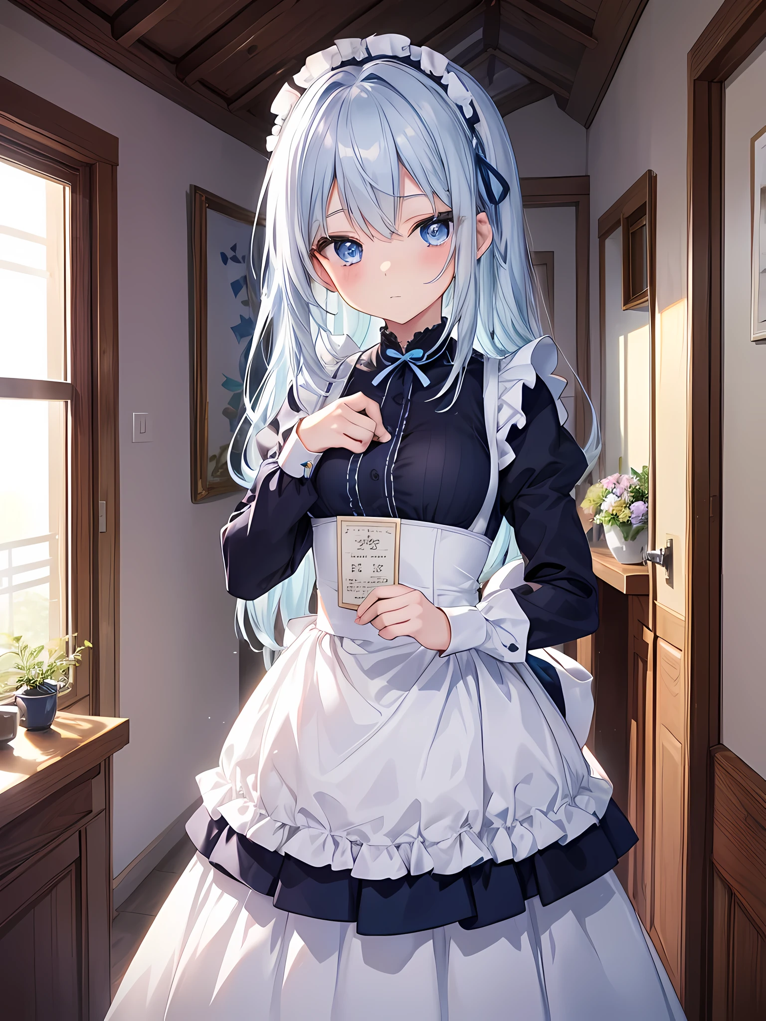 Age is 、Height is 149cm、Weight is 52.6kg、Light blue eyes、With silver hairﾍﾞﾘｰｼｮｰﾄ、Her breast size is E、hardworking personality、wearing a maid outfit、Good smell
