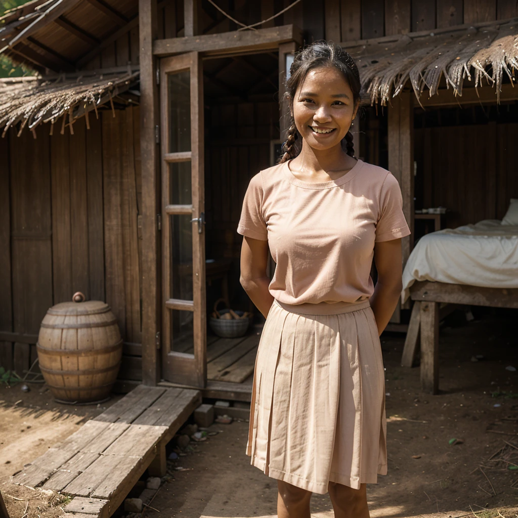 Realistic photo depicting 1 Indonesian woman, villager, poor woman, 52 years old, wearing peach color t-shirt, wearing peach color pleated long skirt, smiling, short body, curvier body, darker skin, braided hair, standing and smiling in the old wooden cabin in a dark forest, facing the camera, full body, making it very realistic and detail