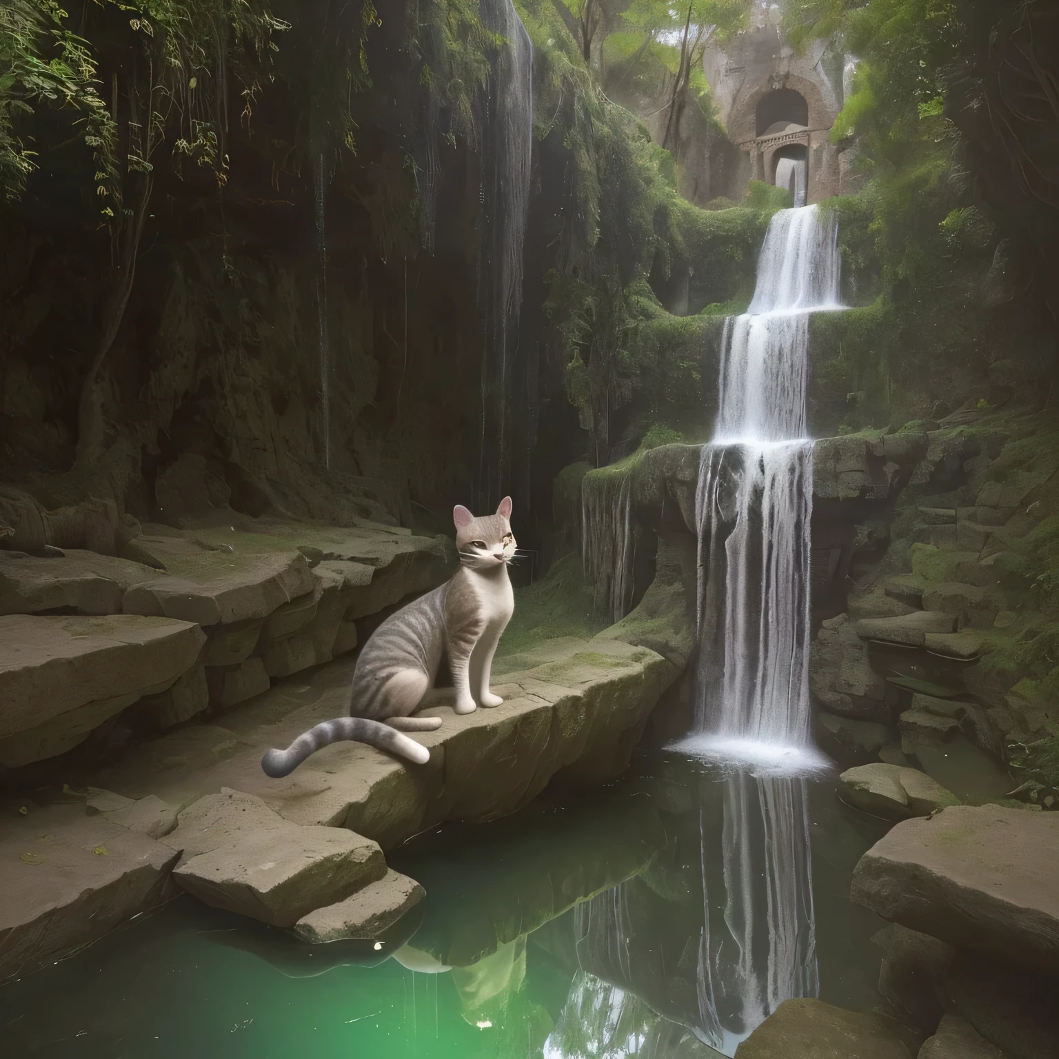 Un gato que esta peleando con ratones de la epoca medieval en el borde de una cascada muy alta y en el cielo se refleja el plneta saturno