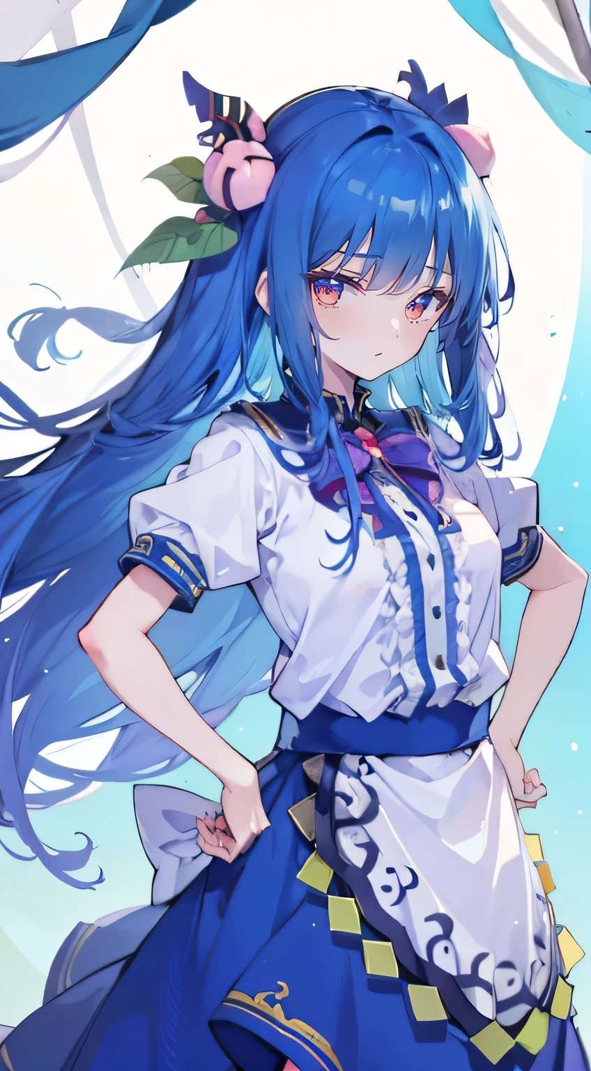 (masterpiece),best quality, expressive eyes, perfect face, 1girl,
Big breasts, H cup, Good breasts, Put your hands on your waist,fair, Gorgeous,Japanese cartoons,girl,lola,Hina Angel, blue hair, blue haired,tent , tent chest, tent breast, floating clothes,Grab your waist, Grab your waist, hands on hips , hands on hips，flat chest，Bad milk，Nagiko Fujisaki，blue hairs，long, straight hair，long hair，
