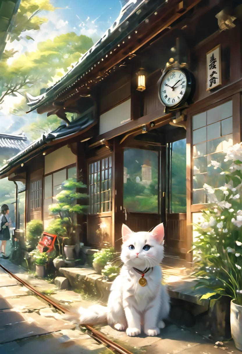 (8K、Raw photo、highest quality、look up:1.2、masterpiece:1.2、genuineistic、ultra high resolution、high contrast、photon mapping、genuine、Super detailed、official art, Raw photo、professional lighting、 light、Vivid atmosphere、twicelight) This scene is、It depicts an old wooden train station in the countryside exposed to the morning sun in spring.。The station building seems to have been forgotten, giving a sense of nostalgia.、There is silence and calm。 On the station platform、There is a girl and a white kitten。The white kitten sits under the door with the clock、Watching over the station premises。This scene is、Reminiscent of a rural Japanese town、The atmosphere is tranquil, as if it were located near a Japanese shrine.。 The girl&#39;s expression is young.々work、Delicate、I am embarking on a new journey amidst a station building and scenery that remind me of nostalgic memories.。A white kitten watches over the premises like a stationmaster.、It seems like they are celebrating the girl&#39;s departure to a new stage.。 This scene is、The beautiful scenery and tranquil atmosphere of the Japanese countryside are combined.、It will give the viewer a sense of comfort and warmth.