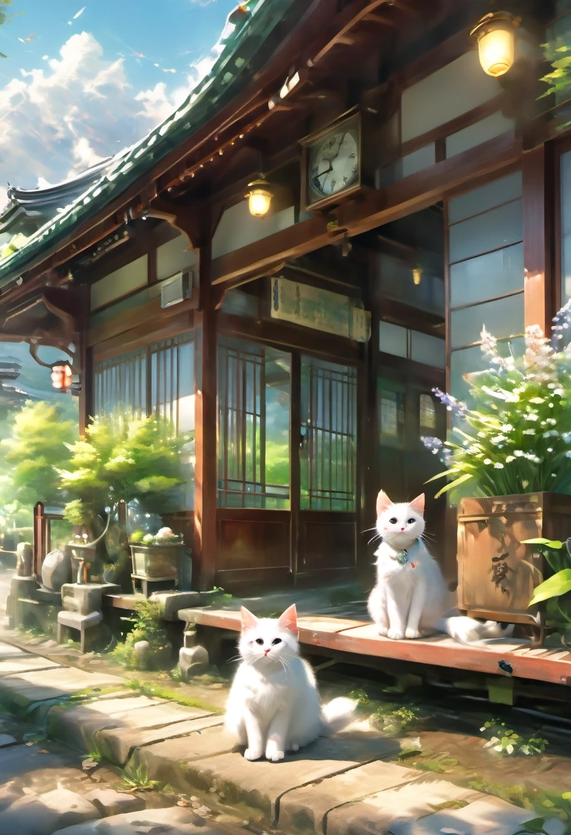 (8K、Raw photo、highest quality、look up:1.2、masterpiece:1.2、genuineistic、ultra high resolution、high contrast、photon mapping、genuine、Super detailed、official art, Raw photo、professional lighting、 light、Vivid atmosphere、twicelight) This scene is、It depicts an old wooden train station in the countryside exposed to the morning sun in spring.。The station building seems to have been forgotten, giving a sense of nostalgia.、There is silence and calm。 On the station platform、There is a girl and a white kitten。The white kitten sits under the door with the clock、Watching over the station premises。This scene is、Reminiscent of a rural Japanese town、The atmosphere is tranquil, as if it were located near a Japanese shrine.。 The girl&#39;s expression is young.々work、Delicate、I am embarking on a new journey amidst a station building and scenery that remind me of nostalgic memories.。A white kitten watches over the premises like a stationmaster.、It seems like they are celebrating the girl&#39;s departure to a new stage.。 This scene is、The beautiful scenery and tranquil atmosphere of the Japanese countryside are combined.、It will give the viewer a sense of comfort and warmth.