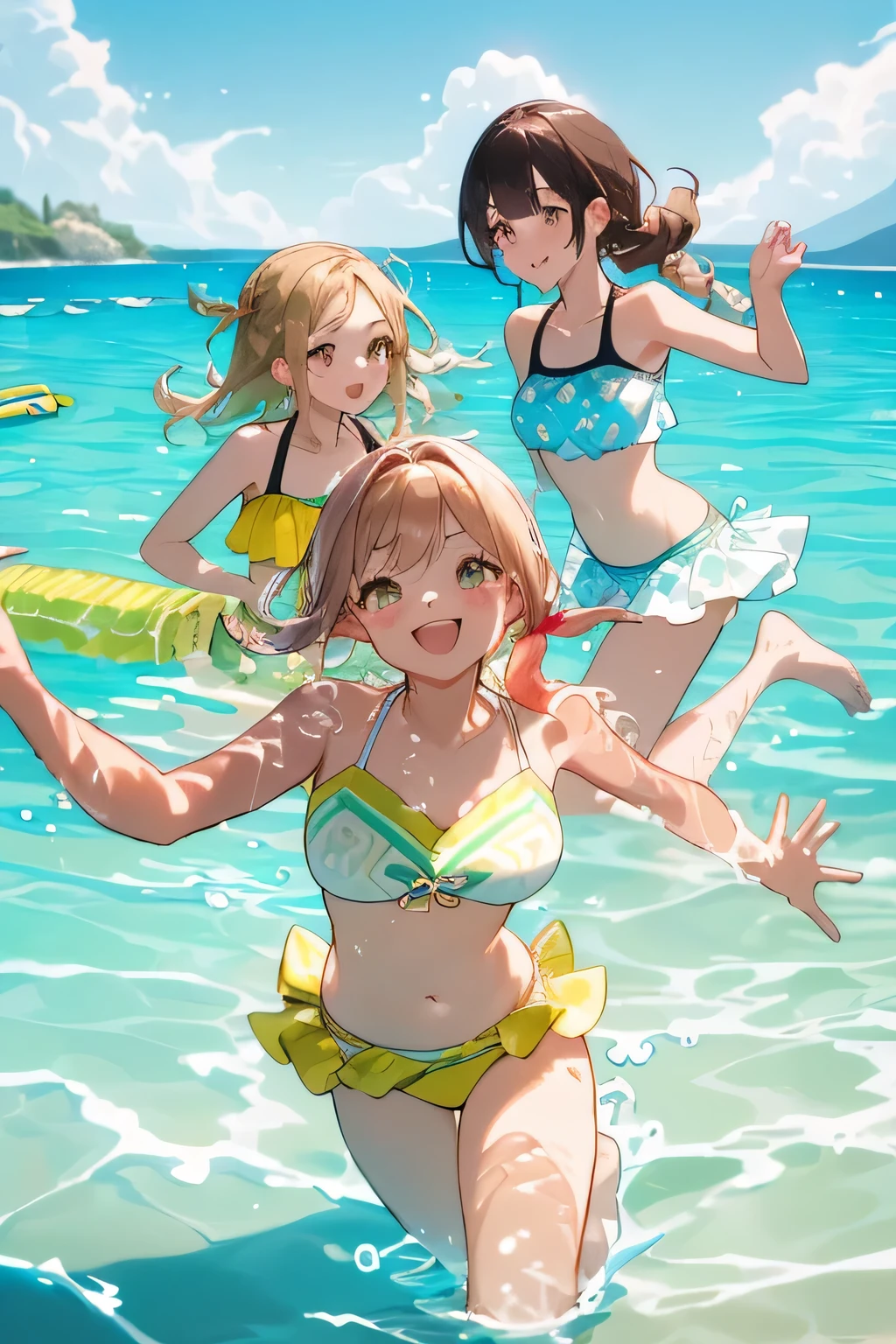 (highest quality:1.4)、High resolution、detailed background)、(detailed beautiful face:1.4)、beautiful and smooth skin、skin texture、professional lighting、beautiful age girl、(three women)、(huge breasts:1.3)、
brown hair、braided bob、braided ponytail、braided hairstyles、realistic、perfect body line、attractive thighs、Attractive big buttocks、sunny day、cowboy shot、
(Three beautiful girls enjoying swimming on the sandy beach:1.5)、
playfully splashing water on each other、happy look、smile、open your mouth and laugh、sexual expression、wet swimsuit、wet swimsuitが光る、the whole body is wet、Hair is also wet、cute、
The ruffled top and high-waisted bikini bottoms accentuate your feminine charm.。Choose a patterned or brightly colored bikini to make your look even more cute.、
Create a resort look by pairing a strapless bikini top with a wrap skirt.、For skirts, choose patterned or sheer materials to add a summery touch.、
One-piece swimsuits with ruffles and lace details create a cute look.、
When playing by the water, pairing it with a cap not only looks cute, but also protects you from sunburn.、
Bikinis with cut-out designs give a modern and stylish look、
Choosing something with an intricate design or a combination of different colors will make your unique charm stand out.、
Rash guards are also useful items for sun protection.、
Choose something with a colorful pattern or pop design and pair it with high-waisted bottoms for an active, girly look.、cute