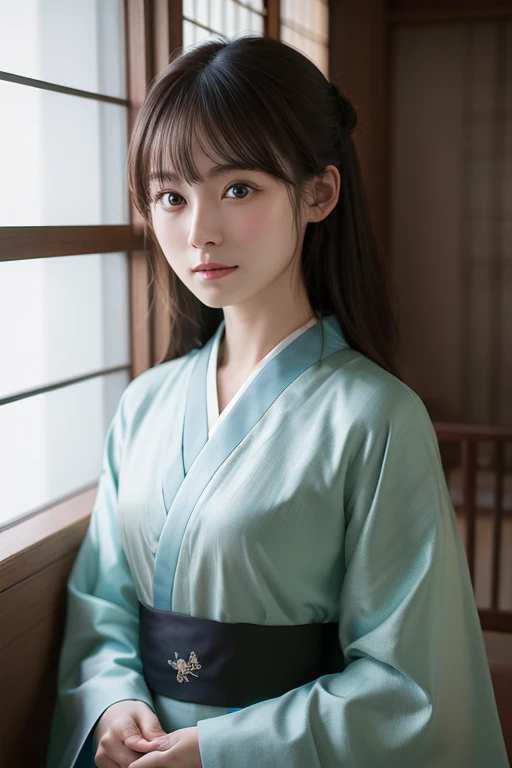 (Photoreal:1.4), (Top image quality:1.0), (超High resolution:1.0), 8K, RAW photo, (master piece:0.2), (Pueros face_V1:0.5)、(best quality detail:1.2)、hentel realism、8k ultra hd、High resolution、(1 girl:1.2)、超detailedな、High quality textures、複雑なdetailed、detailed、Very detailed CG、High quality shadows、detailed 美しく繊細な顔、Beautiful details and delicate eyes、Depth of the bounds written、ray tracing,1 girl, japanese girl, cute, thin, black kimono, Japanese pattern kimono,フrollerルカール, beautiful skin, facing there,please sit down, Sit upright「thank you」say,Put your hands together gracefully,A faint smile on the Japanese soil,Japanese garden,Deluxe Japanese room, sky porn, magic hour, (realistic:1.3), finely, quality, (table top:1.2), (realistic:1.2), (Best quality), (複雑なdetailed), dramatic, ray tracing, photo taken, +roller