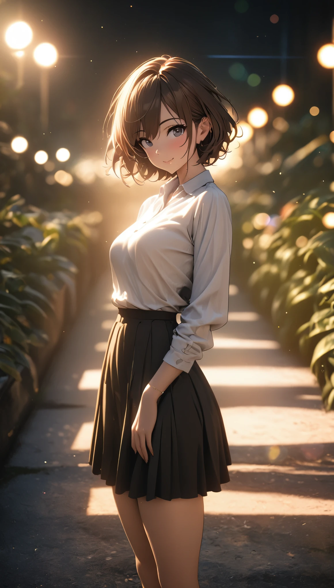 (8K, best quality, masterpiece: 1.2), Ultra-detailed, best quality, ultra high resolution, professional lighting, photon mapping, Radiosity, Physically based rendering, movie lighting, depth of field, focus, sun rays, good composition, (Bokeh: 1.2), 1 girl, (whole body), Smile, beautiful eyes, posture, shrink, brown hair, short hair, Light blue prairie shirt, skirt,garden,hand {hand指s} kawaii {hand指} hand,