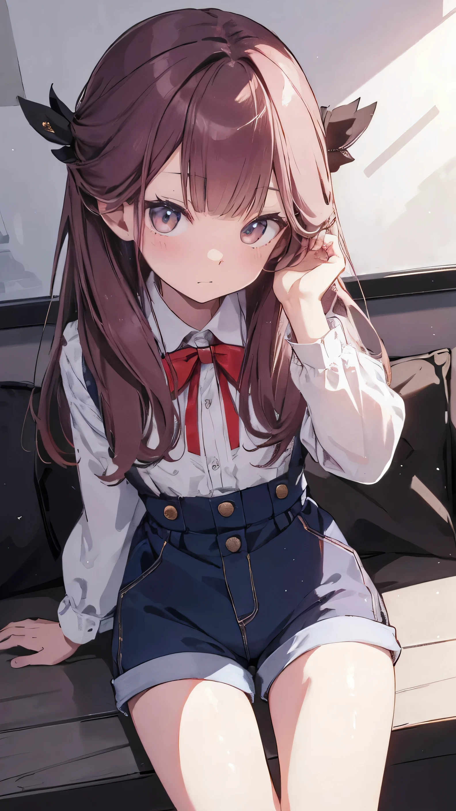 master piece、Highest image quality、highest quality、 ((panic))、glossy hair quality、small face、sitting、Super detailed and beautiful bright eyes、Super detailed clear and beautiful face、(cute illustration:1.2), High-resolution, ultra-detailed, best quality, embarrassed、(Gaps in shorts).(Cute underwear that can be seen at a glance)
