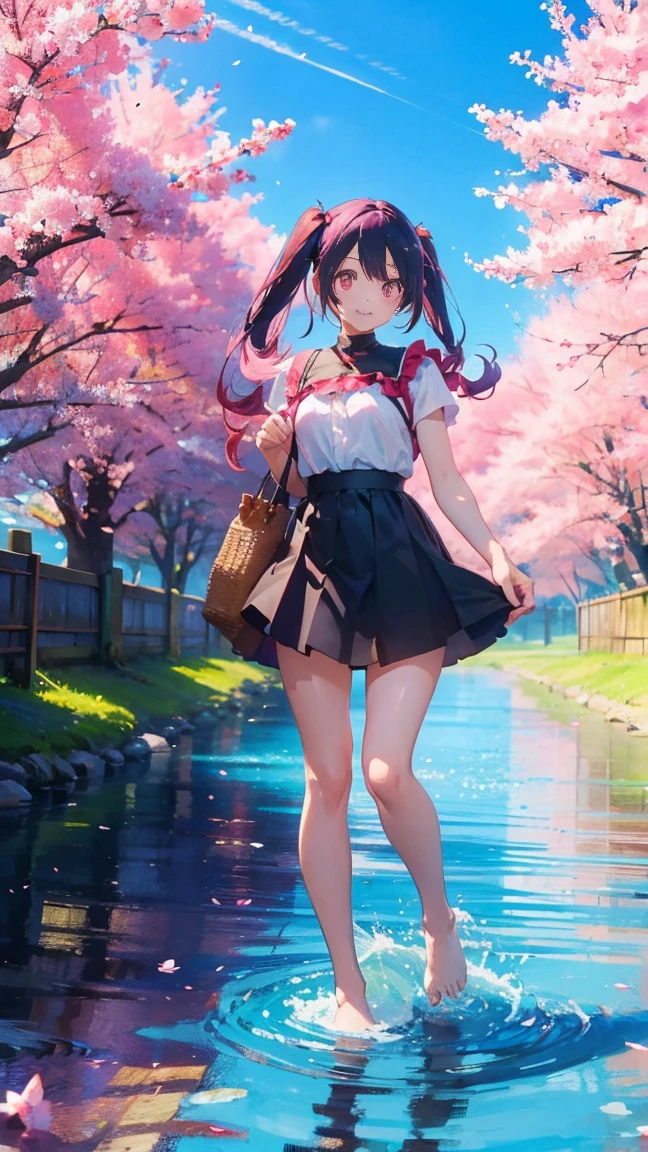 1 anime girl, alone,Black petals flutter, A mysteriously shining butterfly.city,bright pink hair,red gem eyes,long twin tails,thin legs,very clear,highest quality,辺り一面のcherry blossoms,都city,cherry blossoms,cherry blossomsミク,beautiful morning,Asahi,close your face,Sunny,smile,playing in the river,barefoot