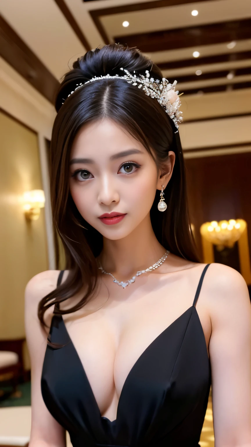 Best-quality, Masterpiece, Ultra-High-Resolution, (Photorealistic:1.4), Raw-Photo, 1girl, the most famous Japanese actress, at large banquet-hall in luxury hotel, having a lot of fun at big-banquet, Inebriation from illegal drugs, wearing extremely gorgeous evening-dress, (extremely beautiful face like the most popular Japanese actress, ((extremely beautiful big-black-eyes)), extremely beautiful hair, extremely beautiful skins), extremely beautiful long-eyelashes, extremely beautiful lips, extremely beautiful and extremely short body, dynamic-pose, detailed large-banquet-hall-in-luxury-hotel, detailed big-banquet, detailed extremely-gorgeous-evening-dress