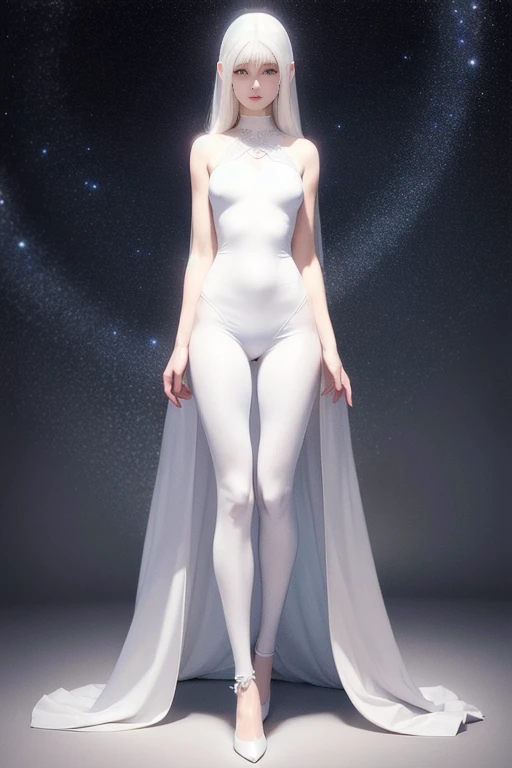Masterpiece, a beautiful void goddess, full body white transparent clothes standing under empty night stars, disappearing transparent pants, full body standing, tall figure, slender legs, facial details, detailed body part details, 8k wallpaper