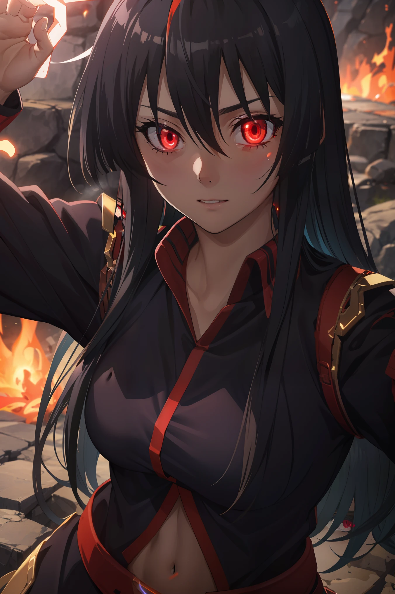 score_8_up, score_7_up, source_anime, Akame, 1girl, solo, black hair, long hair, ((glowing red eyes:1.5)),
BREAK (purple_clothes, ninja_clothes,navel:1.2),
BREAK looking_at_viewer, ok_sign, one_eye_closed, open_hand,
BREAK (masterpiece:1.2), best quality, high resolution, unity 8k wallpaper, (illustration:0.8), (beautiful detailed eyes:1.6), extremely detailed face, perfect lighting, extremely detailed CG, (perfect hands, perfect anatomy),perfect face,