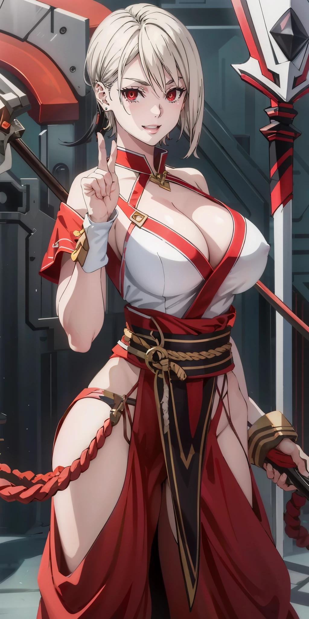 EFT_Foodwars_Alice, short hair, silver hair, red eyes, curvy, anatomically correct, huge breasts, best quality, masterpiece, high quality, high details, highress, HD, breasts, 1girl, weapon, jewelry, cleavage, large_breasts, lips, ninja, solo, earrings, rope, polearm, bare_shoulders, "Vector art, Vivid colors, Clean lines, Sharp edges, Minimalist, Precise geometry, Simplistic, Smooth curves, Bold outlines, Crisp shapes, Flat colors, Illustration art piece, High contrast shadows, Technical illustration, Graphic design, Vector graphics, High contrast, Precision artwork, Linear compositions, Scalable artwork, Digital art", (shaded face:1.2), hollow eyes, red eyes, looking at viewer, heavy breathing, seductive smile, upper teeth, nsfw, nsfw art,