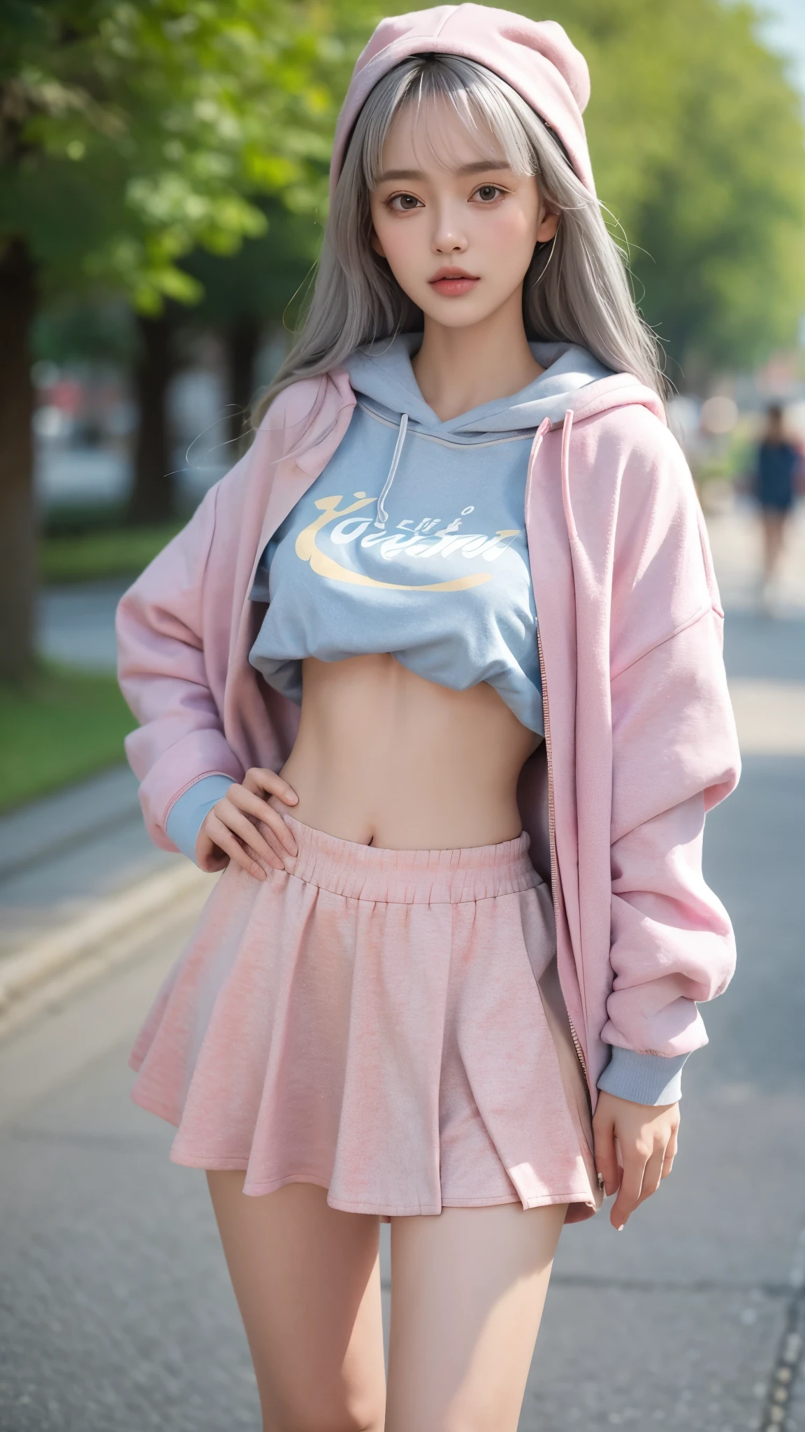 1 girl in, cute girls,navel, looking at the viewer only, both hands on hip, pink hooded jacket, super short ruffle skirt, rat trail part, (shirt:1.2),underbust, Long hair details, wide waist, According to the following、The shirt、Avak\(BodyProportions\)、Have on the street、in front of everyone, Gray hair, ssmile, actual, ctextured skin, 8K, tmasterpiece, A high resolution