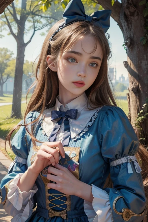 1girl, masterpiece, best quality, 8k, detailed skin texture, detailed cloth texture, beautiful detailed face, intricate details, ultra detailed, Alice in Wonderland, (a bow on her head:1.1), upper body