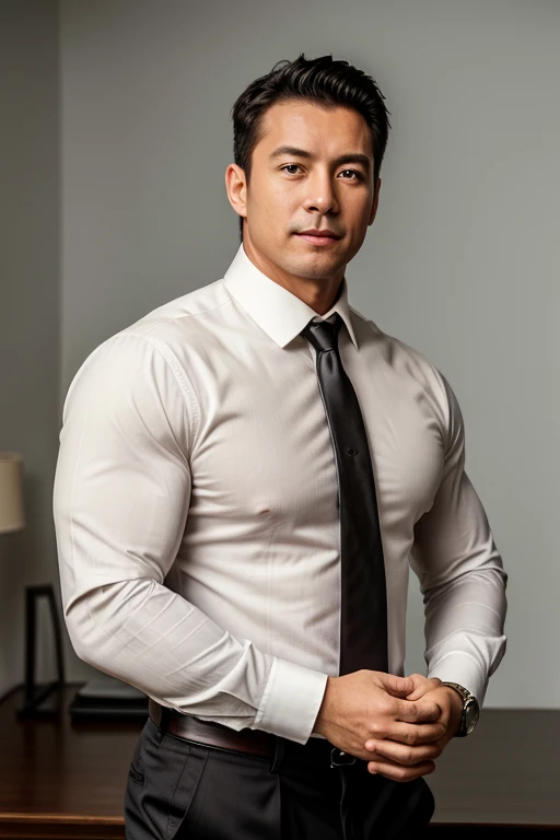 1 person,A 40-year-old muscular man,Wear a long-sleeved white shirt and tie,In black suit,chest muscle,full bodyesbian,leather shoes,gentlesoftlighting,tmasterpiece,best qualtiy,8K UHD,digital SLR camera,filmgrain,