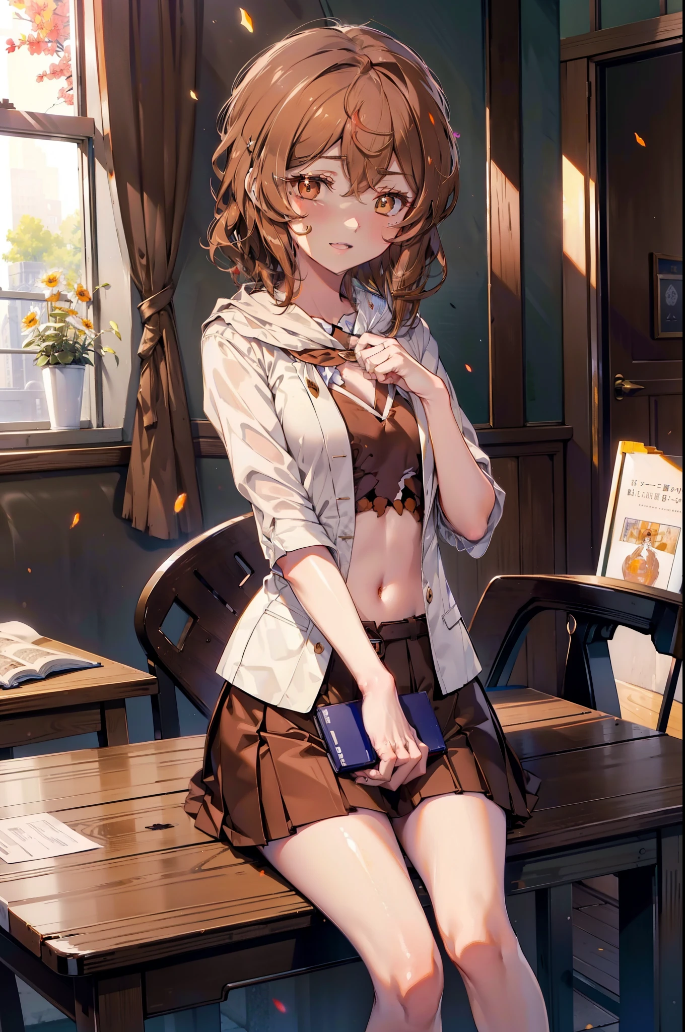 lil card, Liliruka gets burned, (brown eyes:1.7), brown hair, (flat chest:1.2),happy smile, smile, open your mouth, short hair,white Y-shirt,brown blazer,Brown pleated skirt,black pantyhose,brown loafers,There is a textbook on the desk,sitting cross-legged,daytime,Pregnant, childbirth, work, Pregnantのお腹を抱きしめる,
break looking at viewer,
break indoors,school classroom,
break (masterpiece:1.2), highest quality, High resolution, unity 8k wallpaper, (shape:0.8), (fine and beautiful eyes:1.6), highly detailed face, perfect lighting, Very detailed CG, (perfect hands, perfect anatomy),
